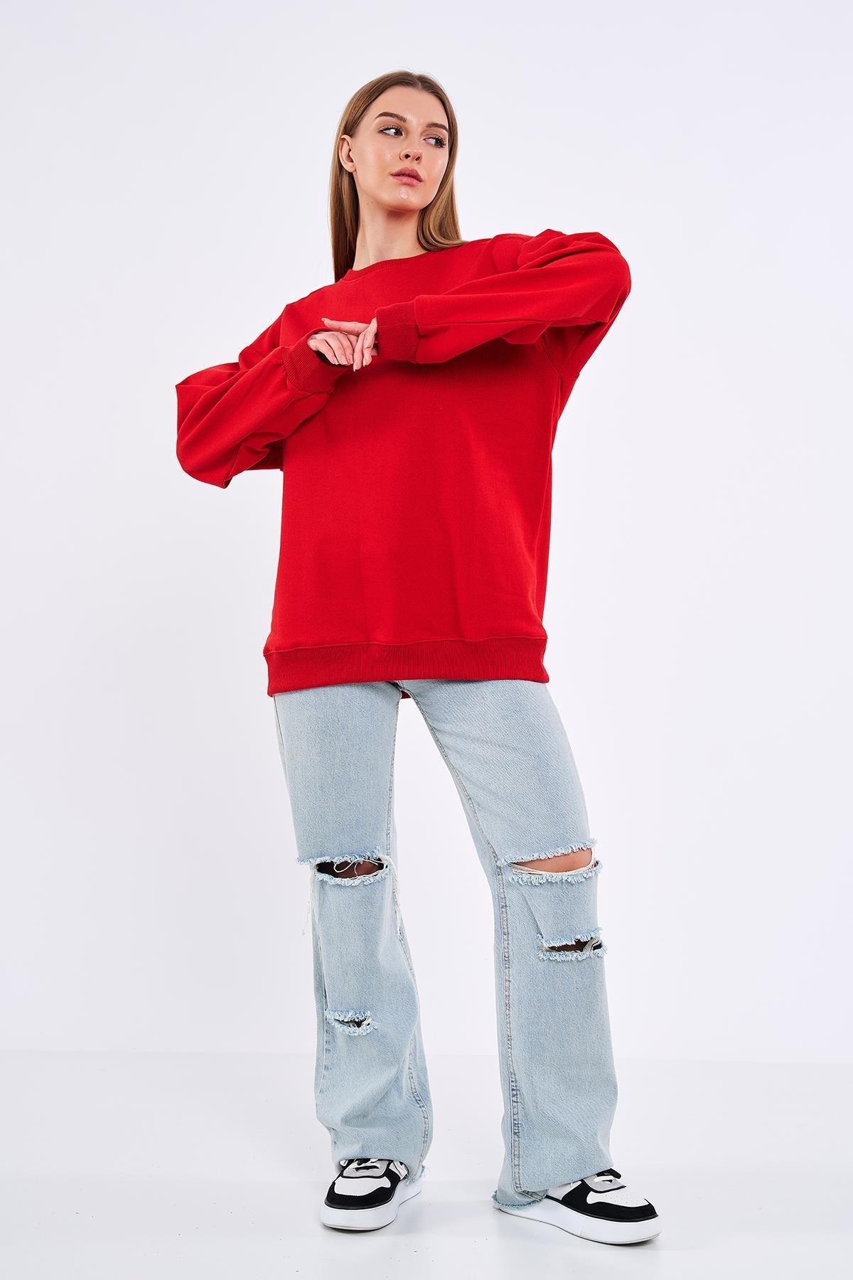 K rm z Kad n Pamuklu Oversize Basic Bisiklet Yaka Sweatshirt
