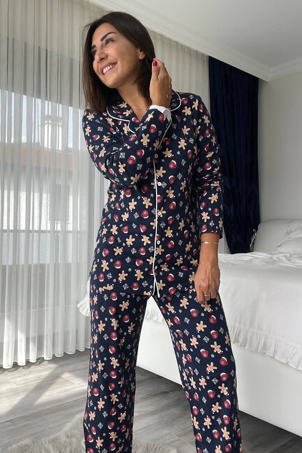 Lacivert Kurabiye Desenli Pijama Takımı