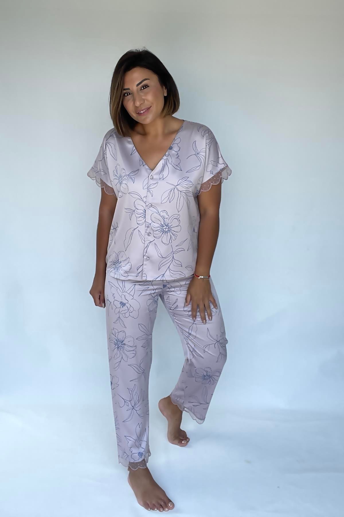 Lila Saten Desenli Pijama Takımı