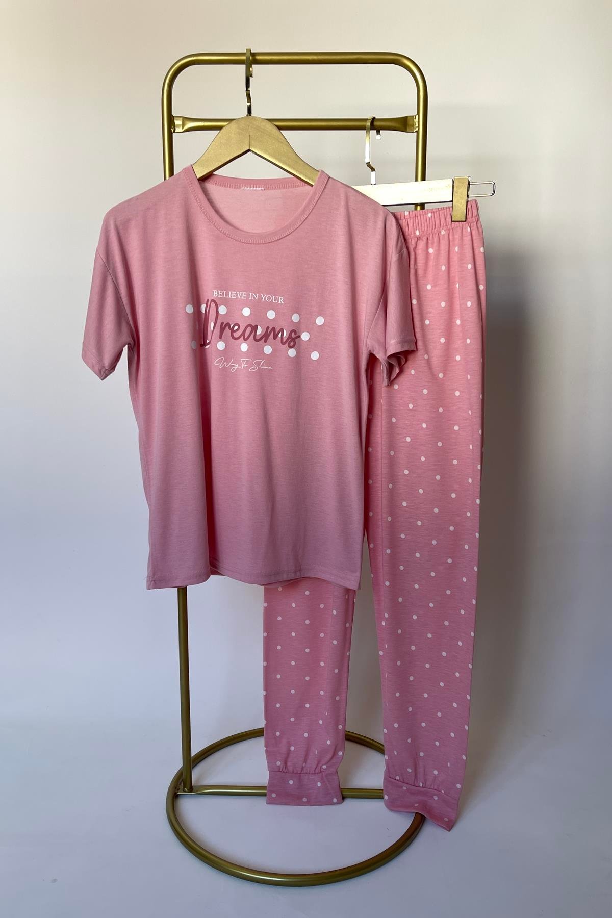 Pembe Puanlı Penye Pijama Takımı