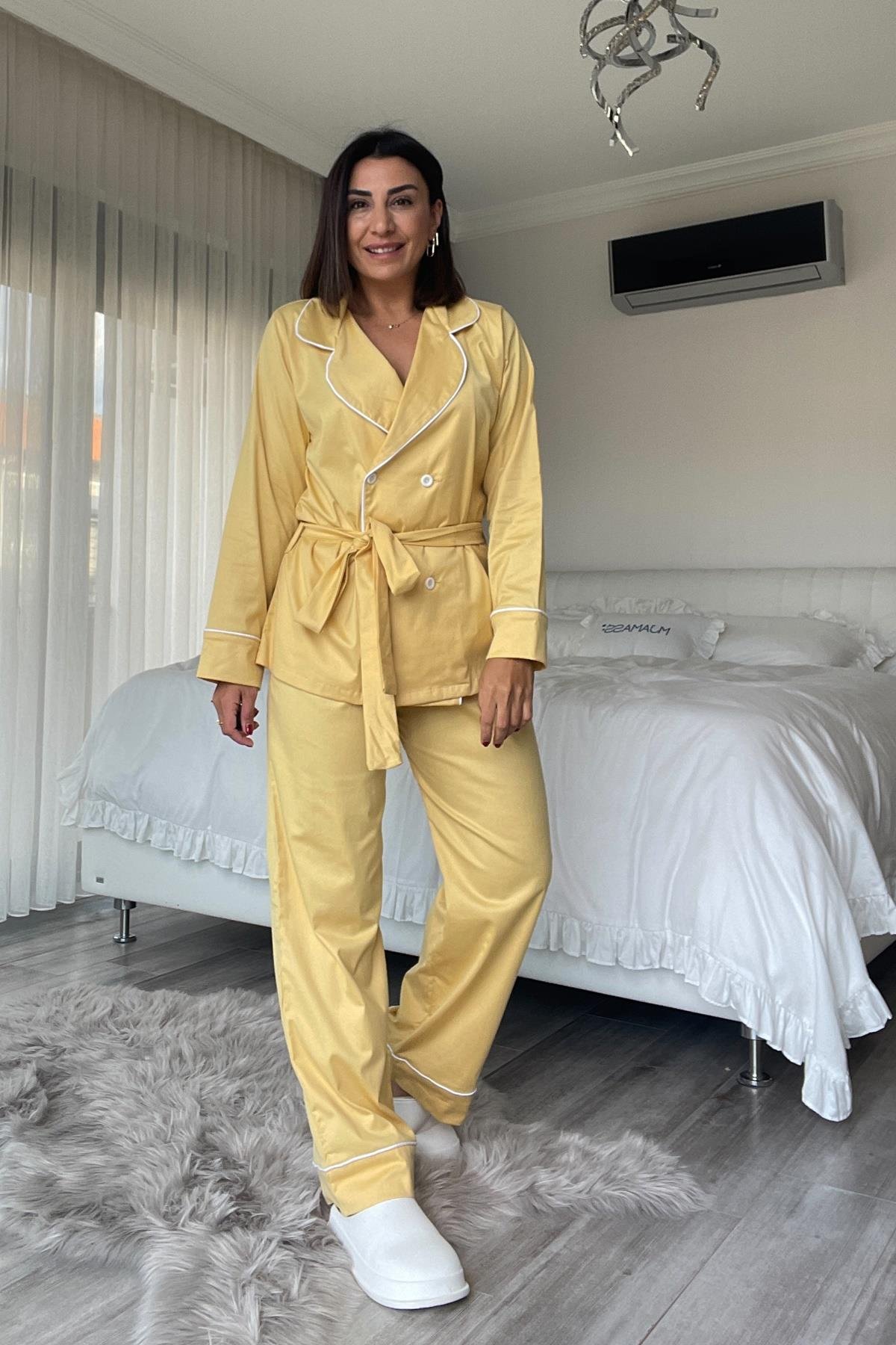 Sarı Tasarım Kruvaze Pijama Takımı