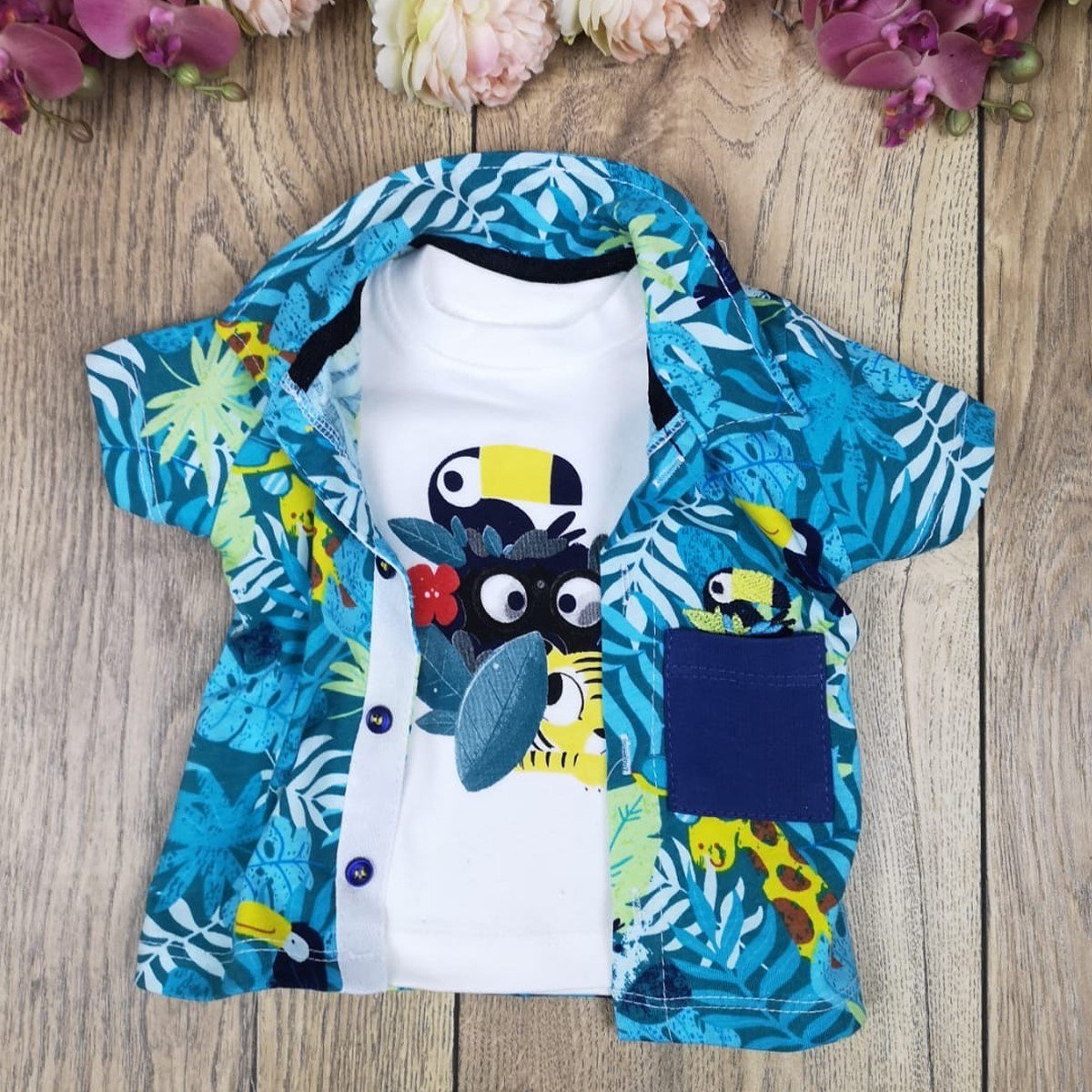 Bebekon Premium Papağanlı Gömlek Tişört Şort 3 lü Takım