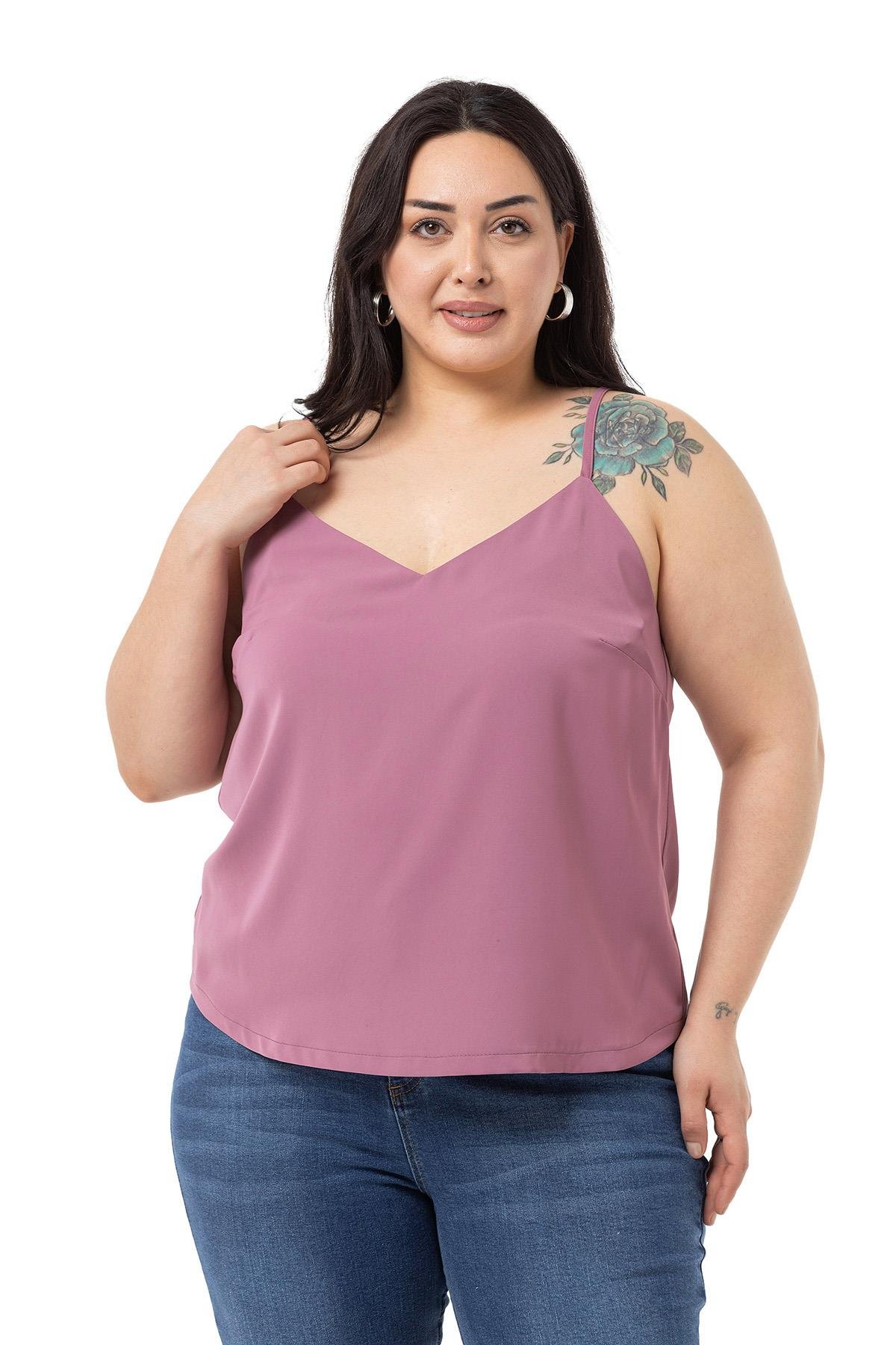 Plus Size Adjustable Thin Strap V Neck Rose Blouse