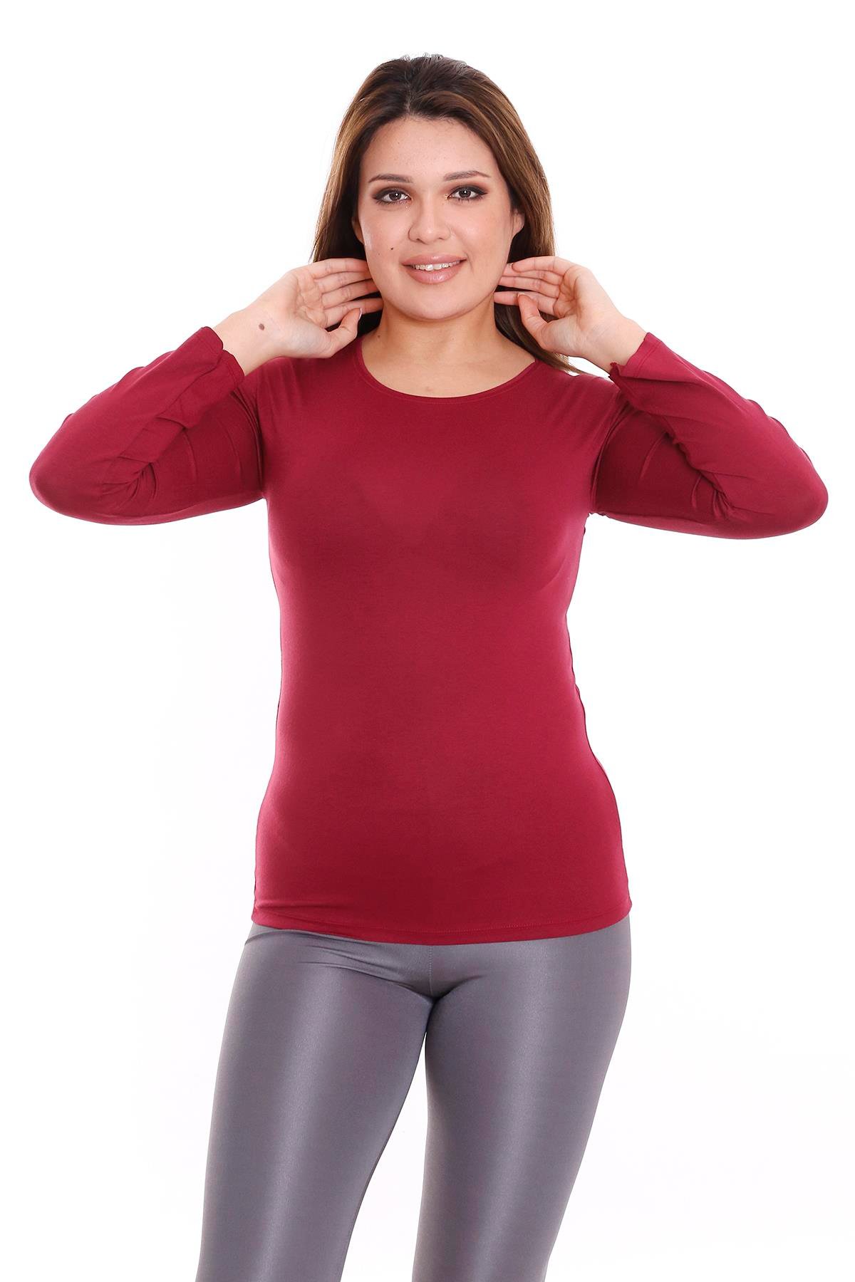 Büyük Beden Yuvarlak Yaka Uzun Kollu Viskon Bordo Body
