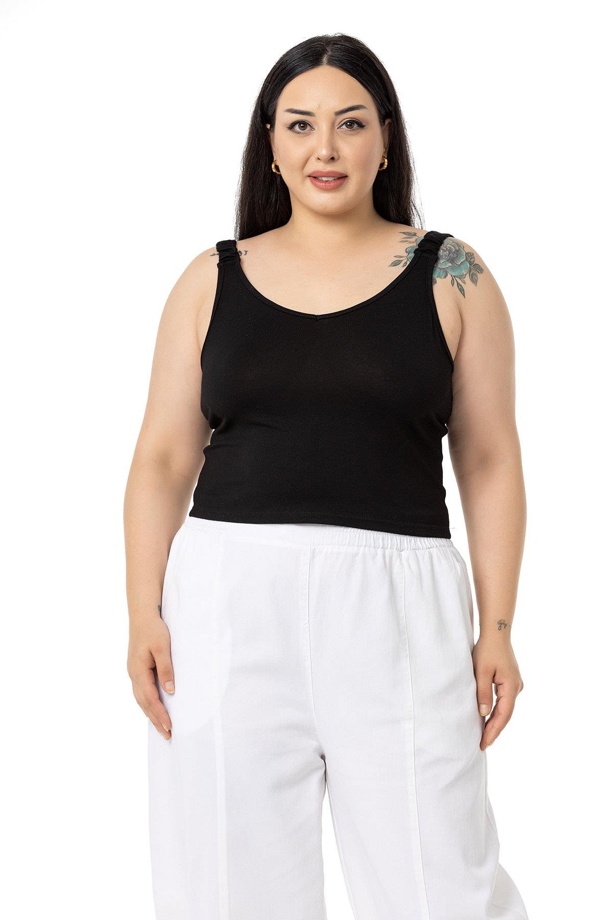 Büyük Beden Askıları Büzgülü Drapeli Crop Siyah Body