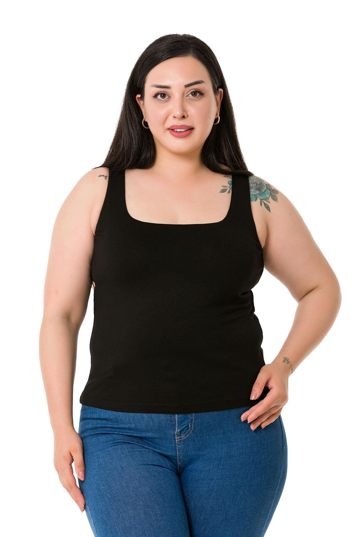 Büyük Beden Askılı Yarım Astarlı Viskon Siyah Body