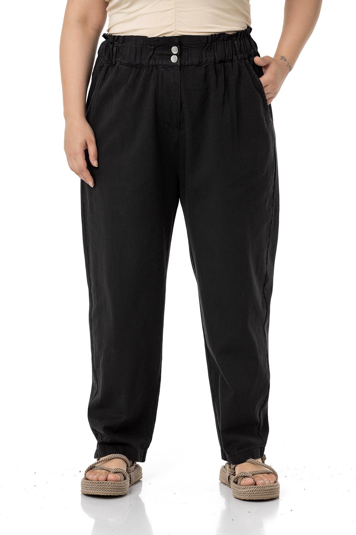 Plus Size High Waisted Gabardine Black Trousers with Ruffle Detail