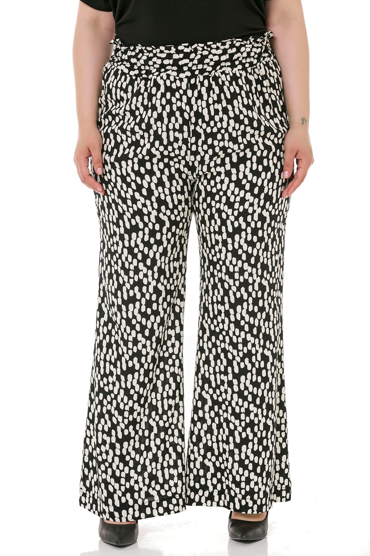 Plus Size Wide Elastic Waist Drawstring Wide Leg Black White Trousers