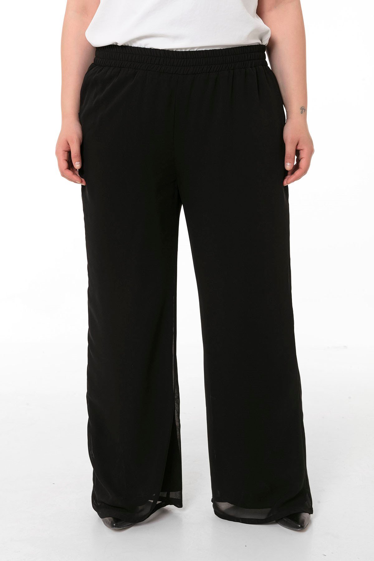 Plus Size Elastic Waist Lined Wide Leg Chiffon Black Trousers