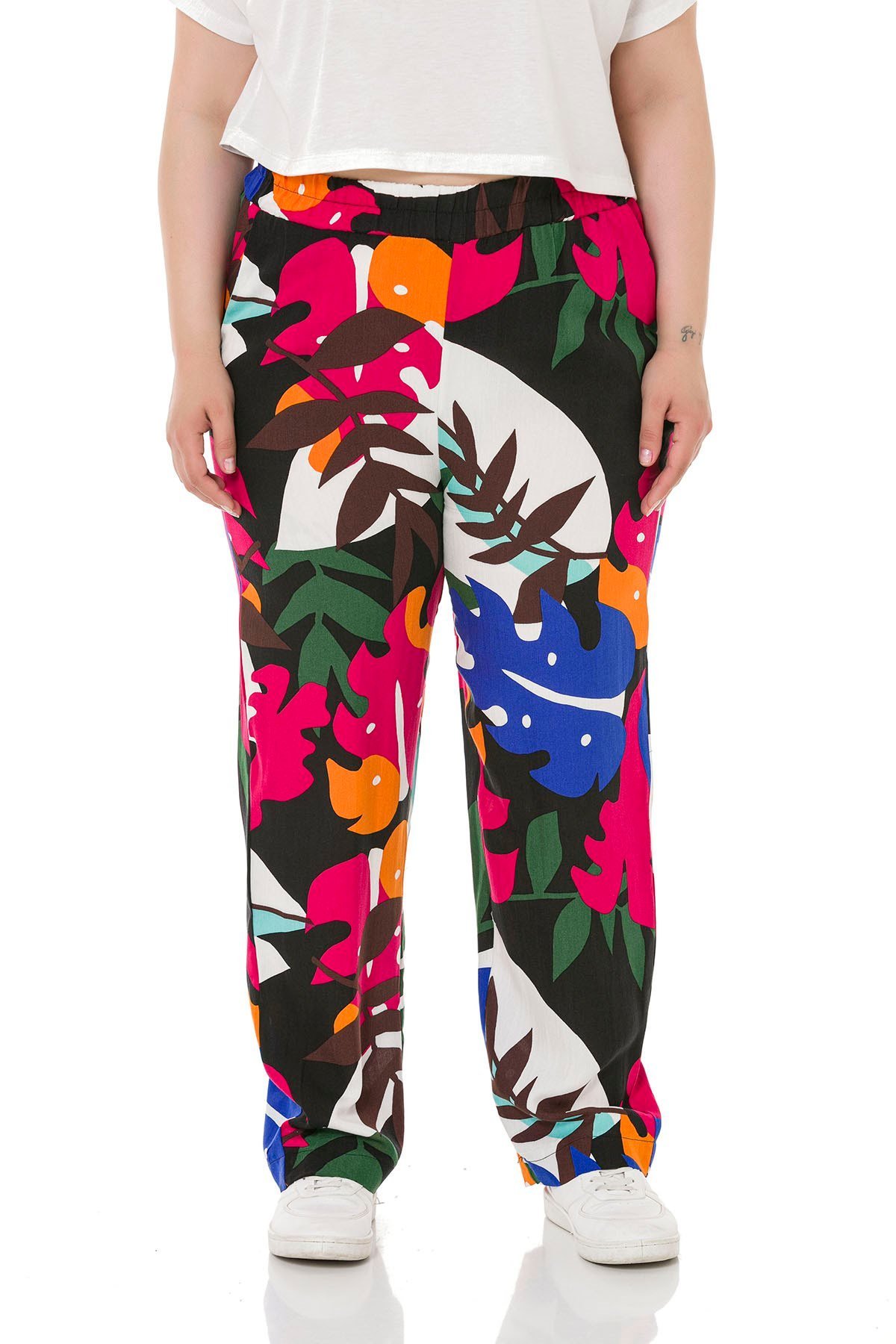 Plus Size Elastic Waist Pocket Patterned Woven Viscose Colourful Trousers