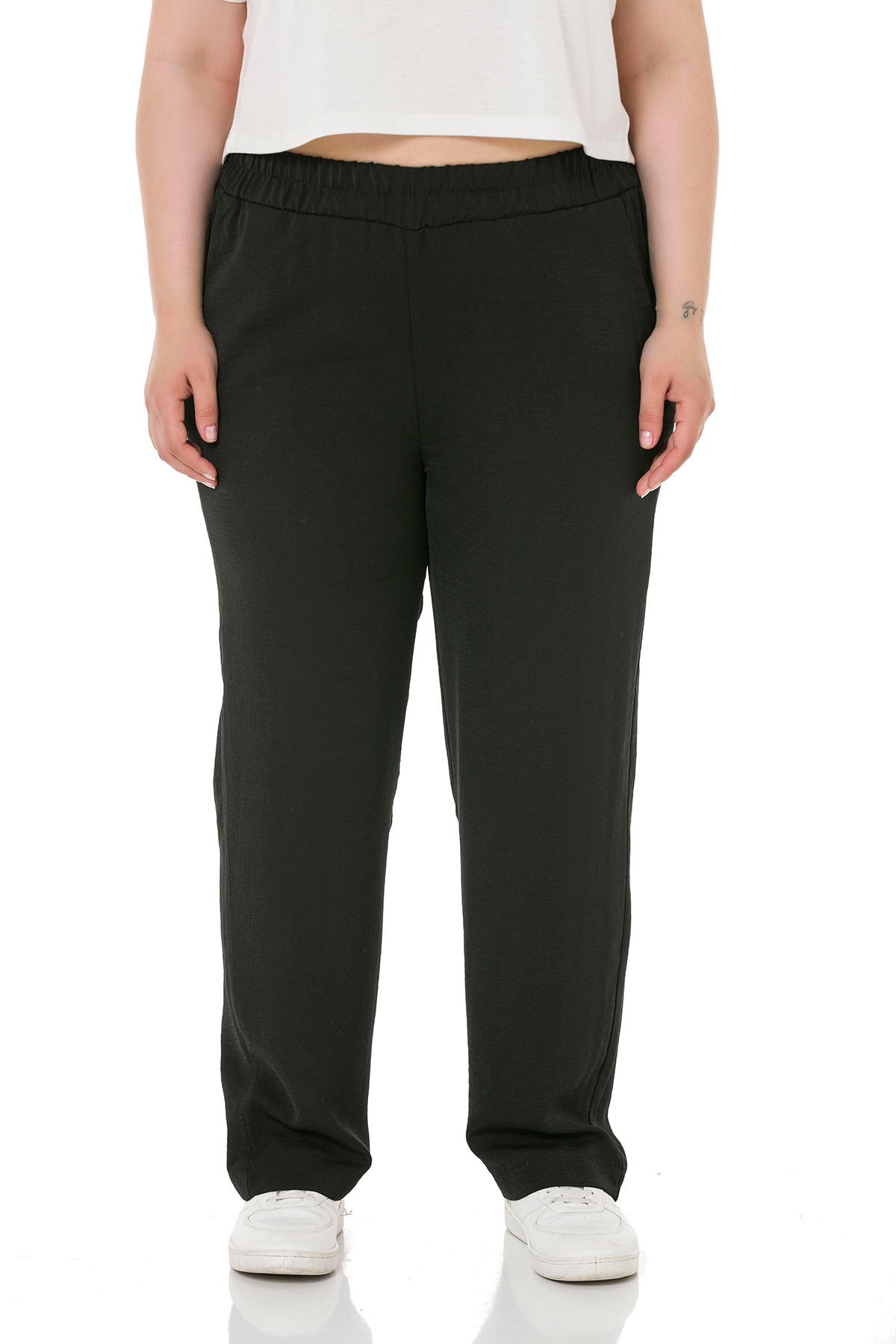 Plus Size Elastic Waist Pocket Linen Aerobin Black Trousers