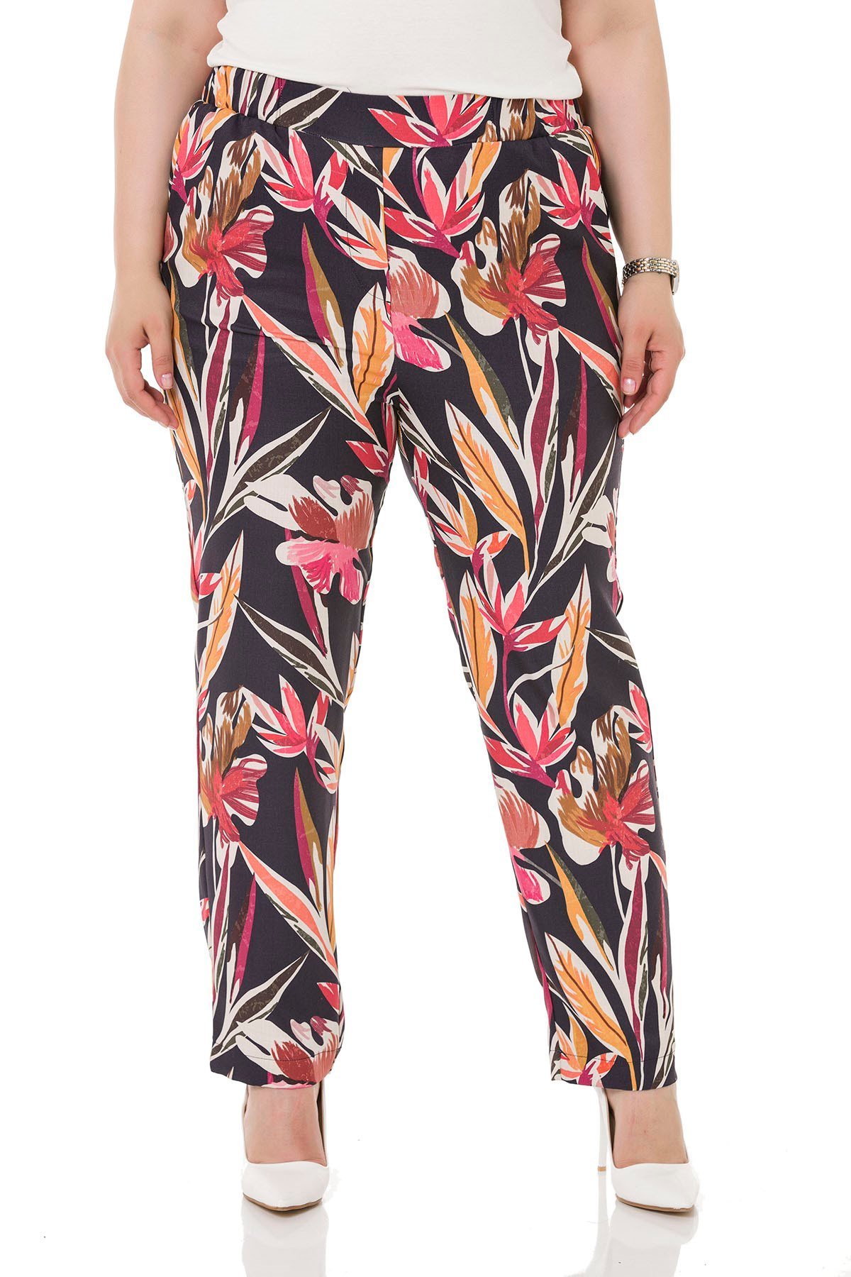 Plus Size Leaf Printed Navy Blue Trousers with Side and Back Elastic Waist Pockets