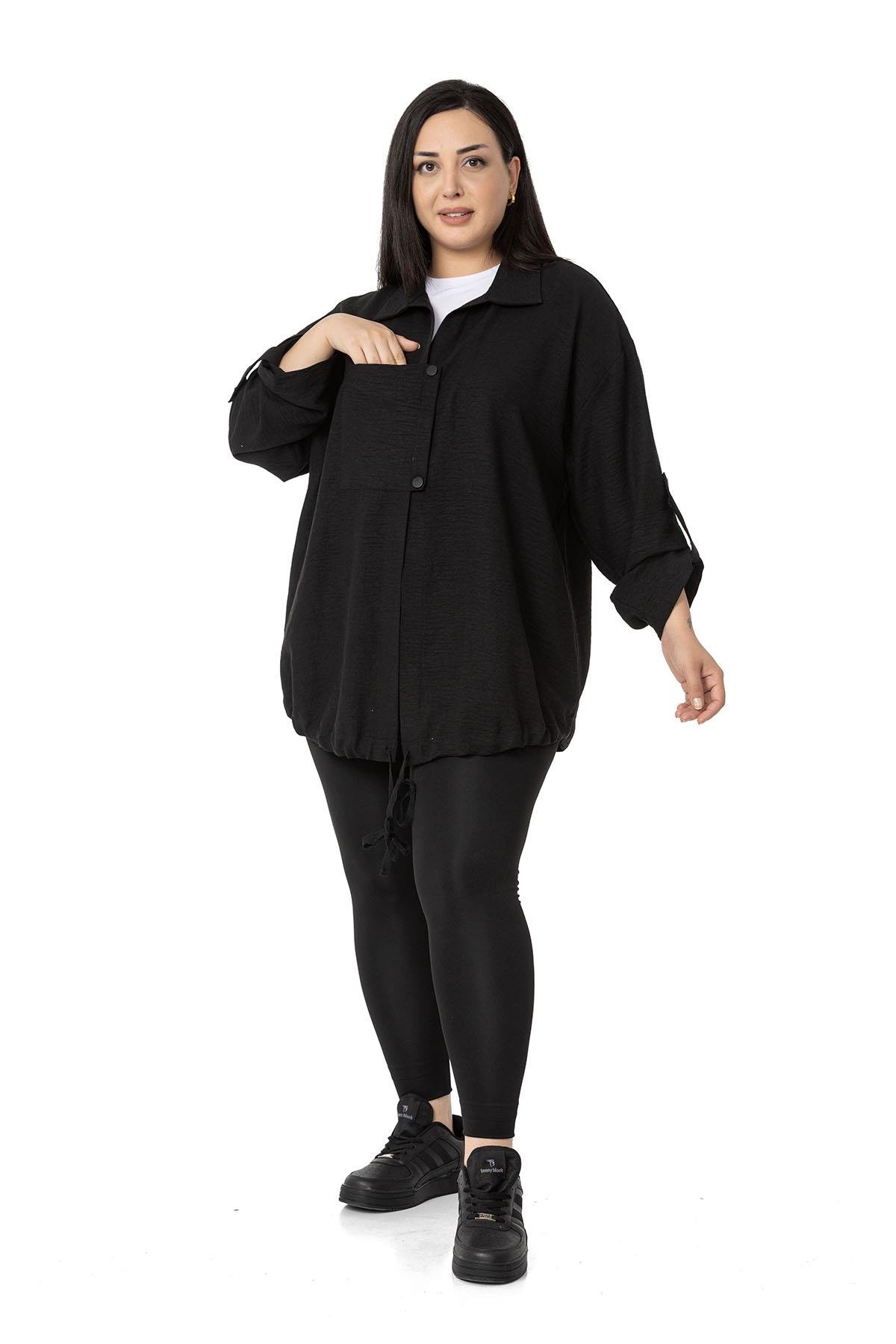 Plus Size Black Jacket with Pocket Detail and Folded Sleeves