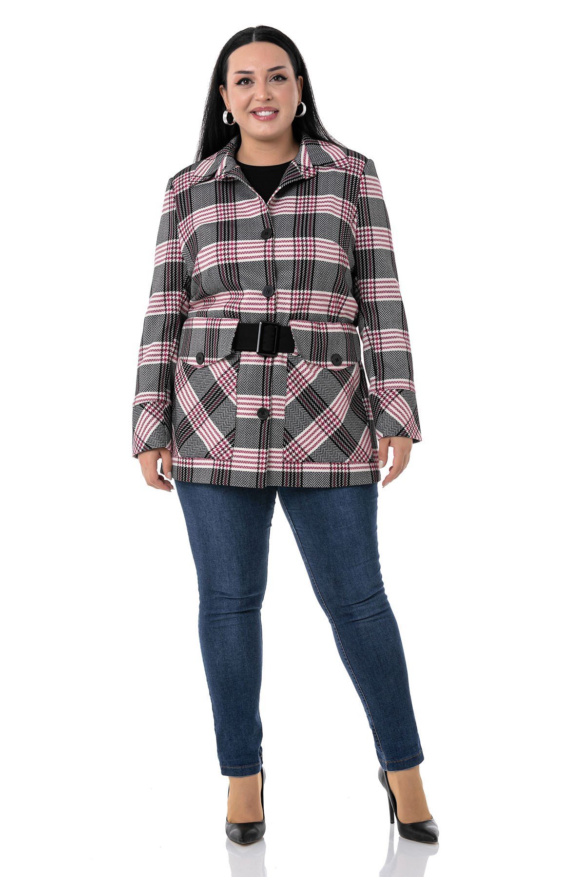 Plus Size Lined Black Fuchsia Jacket with Pocket and Belt Detail