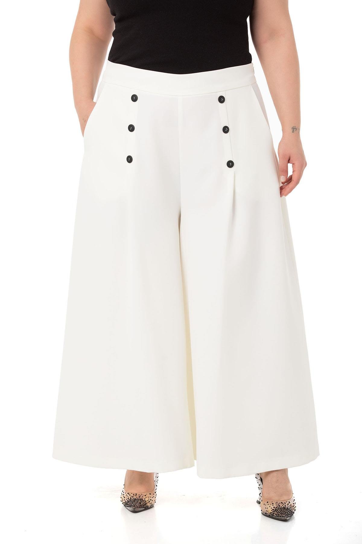 Plus Size Button Detailed Wide Leg Zippered White Trousers