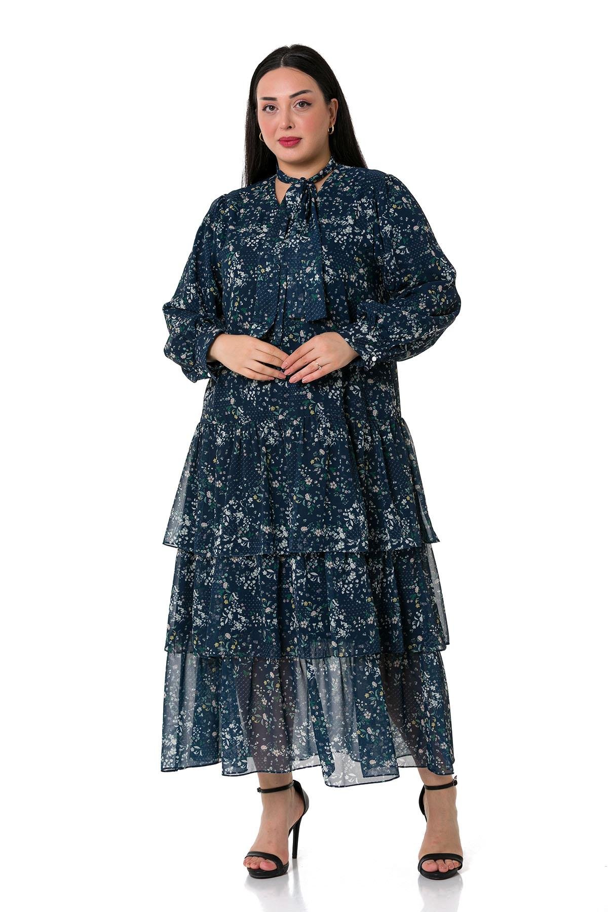 Plus Size Skirt Layered Chiffon Dress with White Floral Lining on a Navy Blue Background