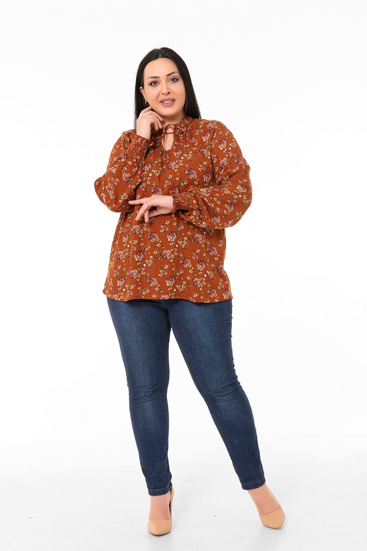Plus Size Ruffled Drop Neck Sleeve Gimped Small Floral Brown Blouse