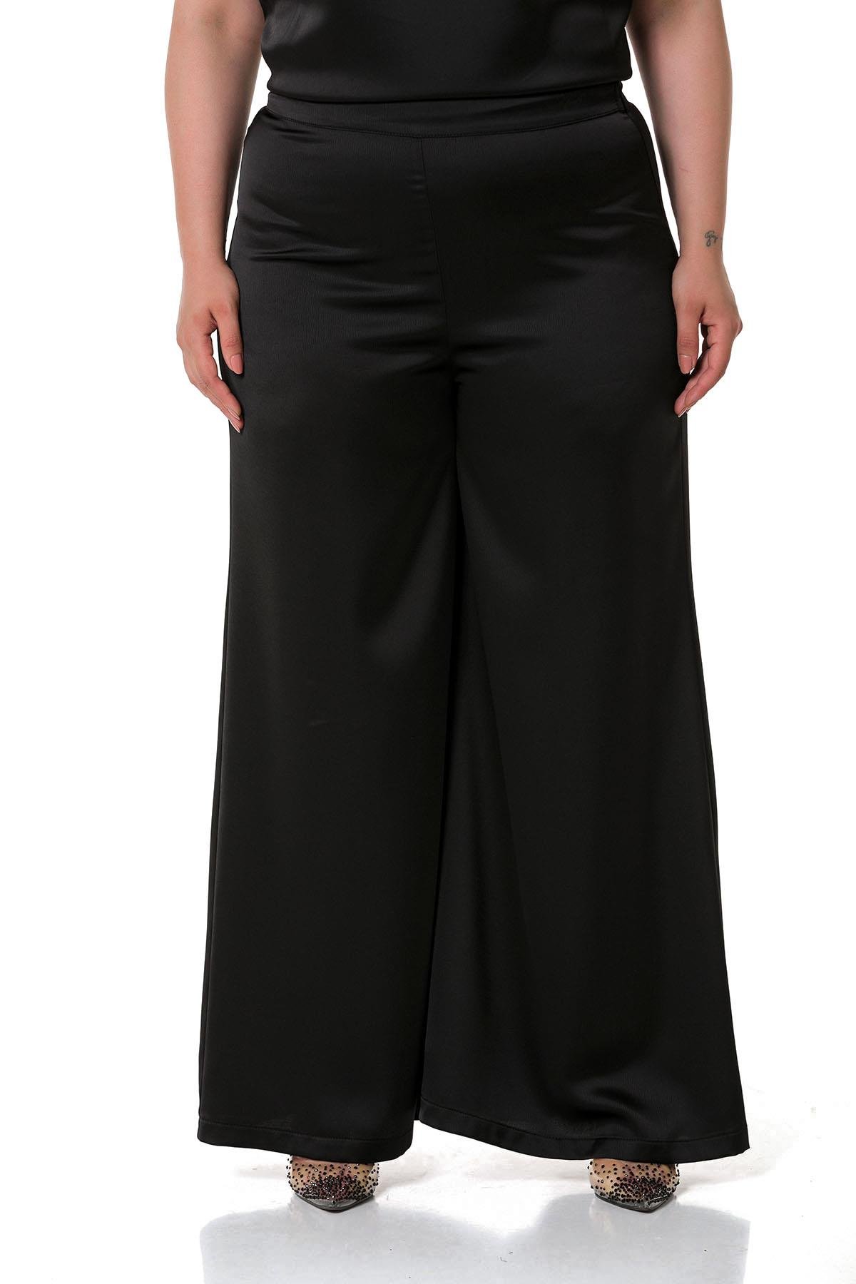 Plus Size Wide Leg Satin Black Trousers with Elastic Waist Back