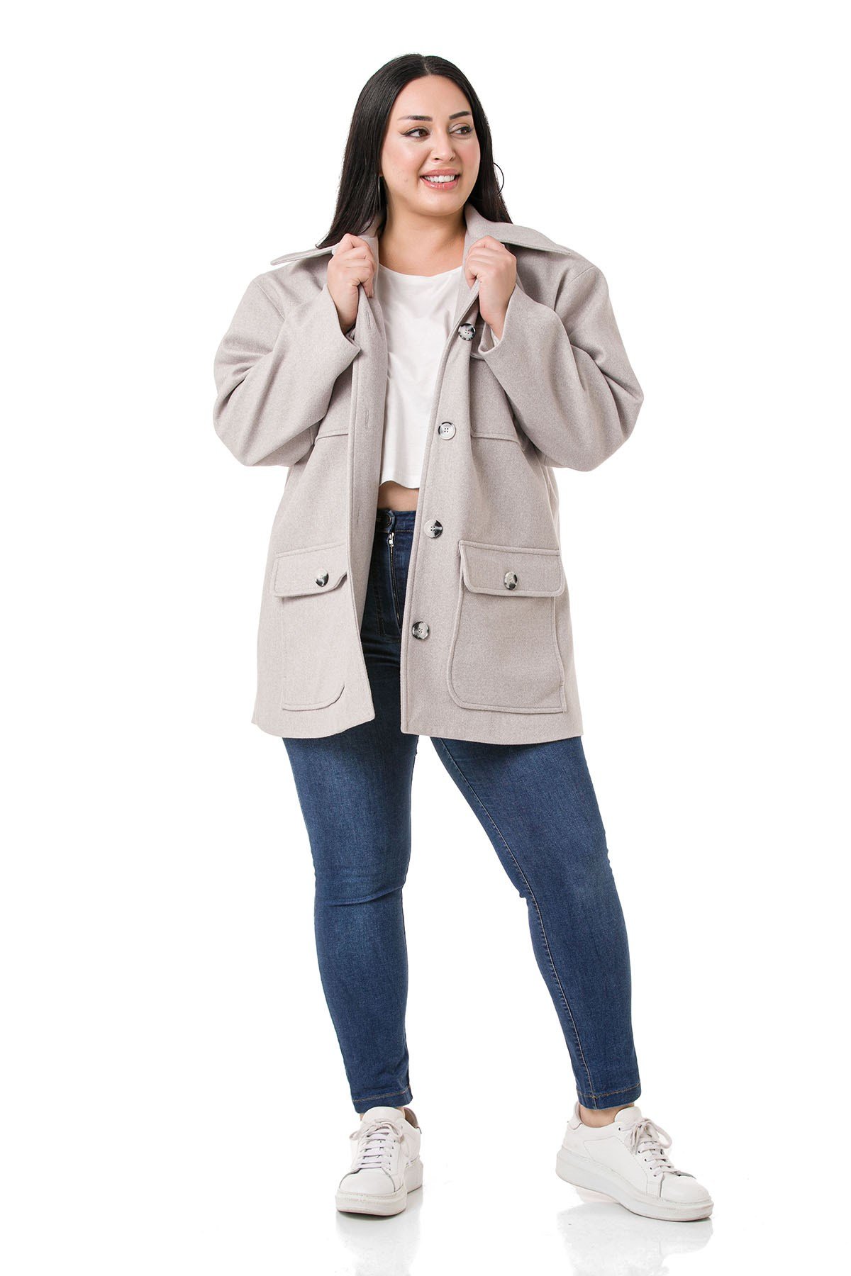 Plus Size Shirt Collar Covered Pockets Lined Gray Stitched Overcoat