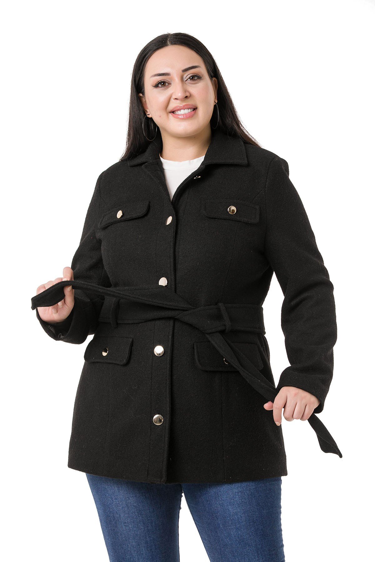 Plus Size Shirt Collar Covered Pocket Black Cashmere Overcoat