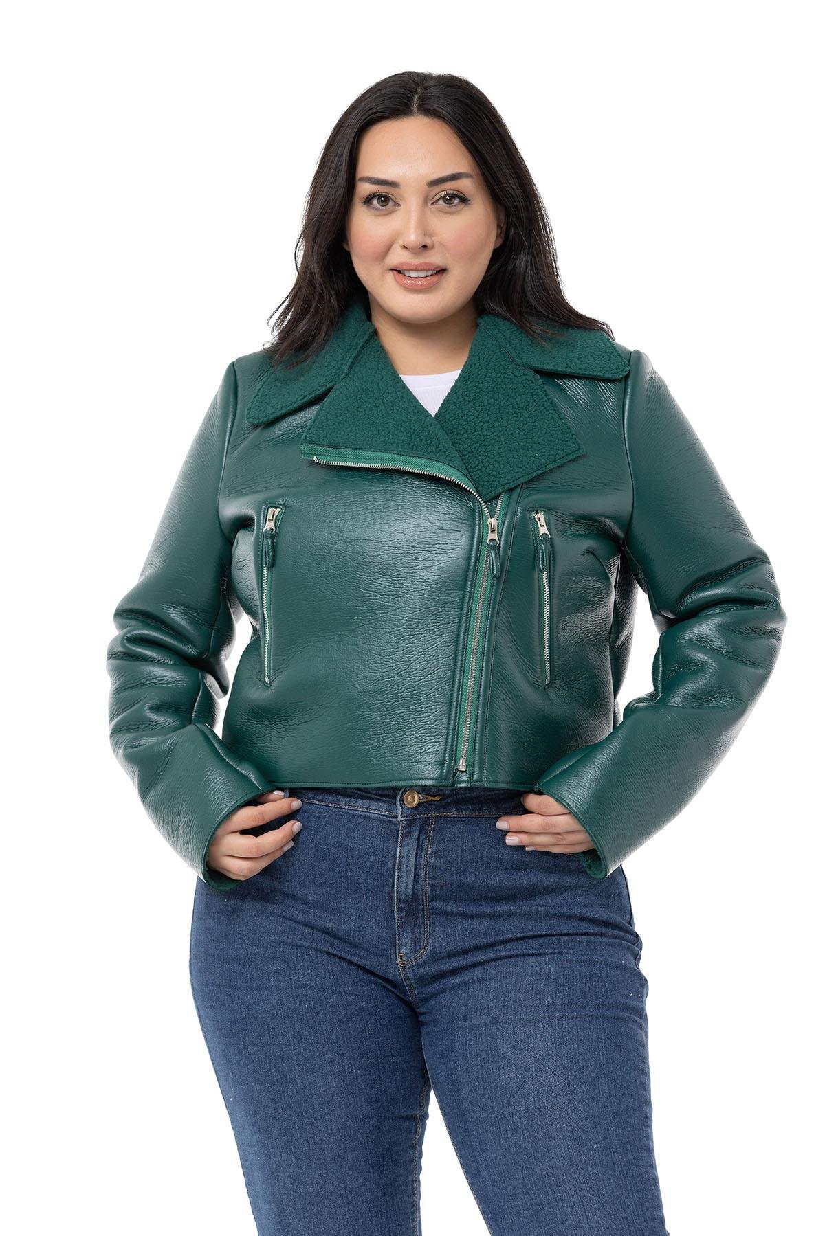 Plus Size Fur Lined Double Breasted Zipper Detailed Leather Emerald Coat with Pockets