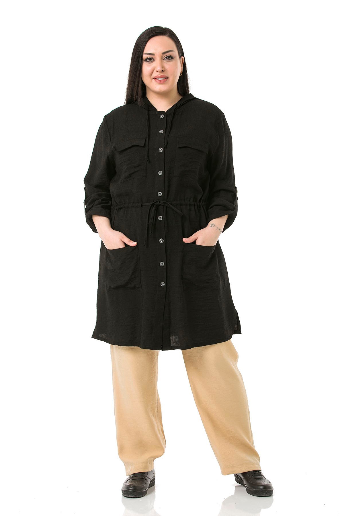 Plus Size Hooded Black Jacket with Pockets and Side Slits