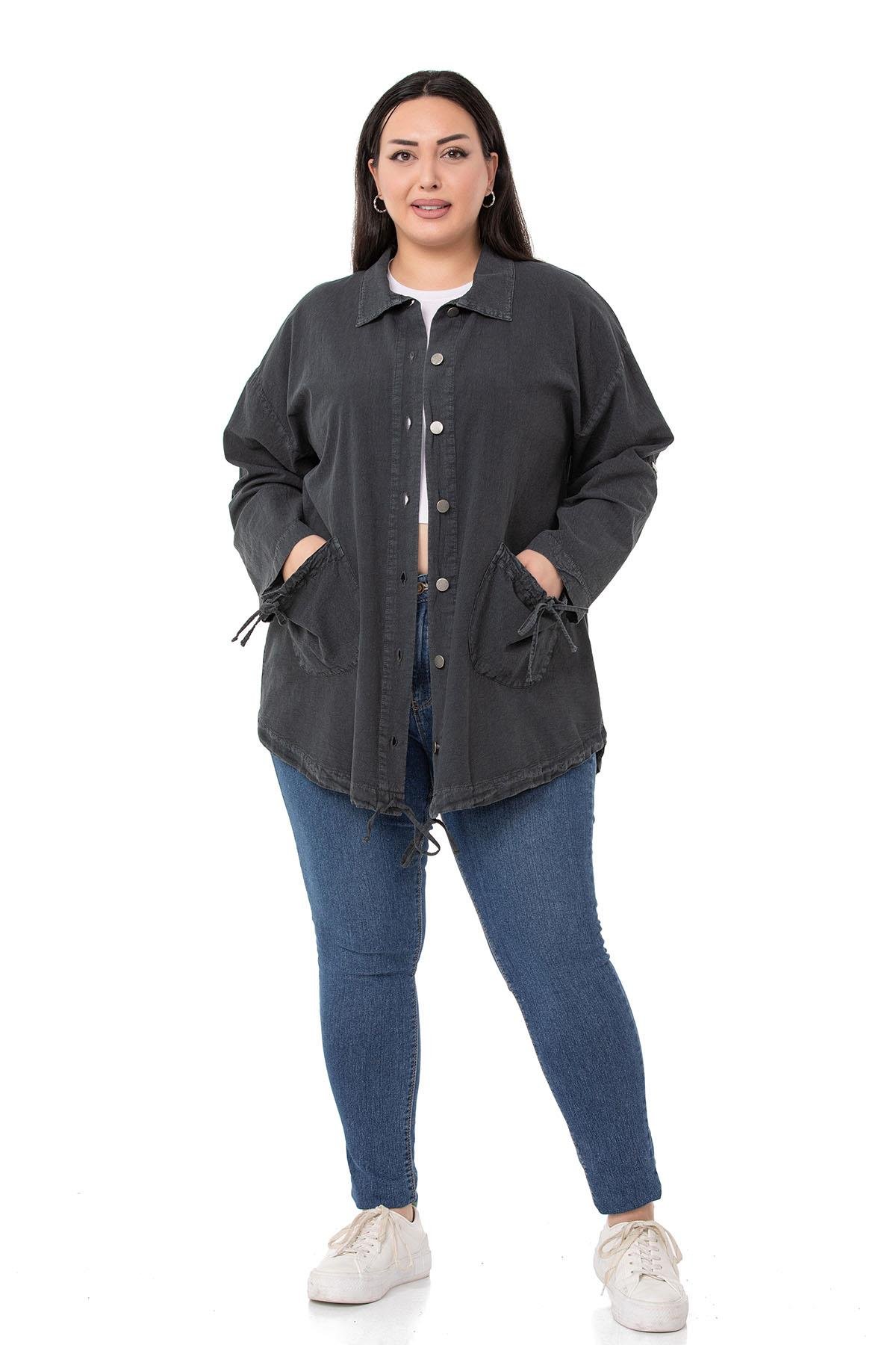 Plus Size Long Black Jacket with Folded Sleeves and Gather Detail