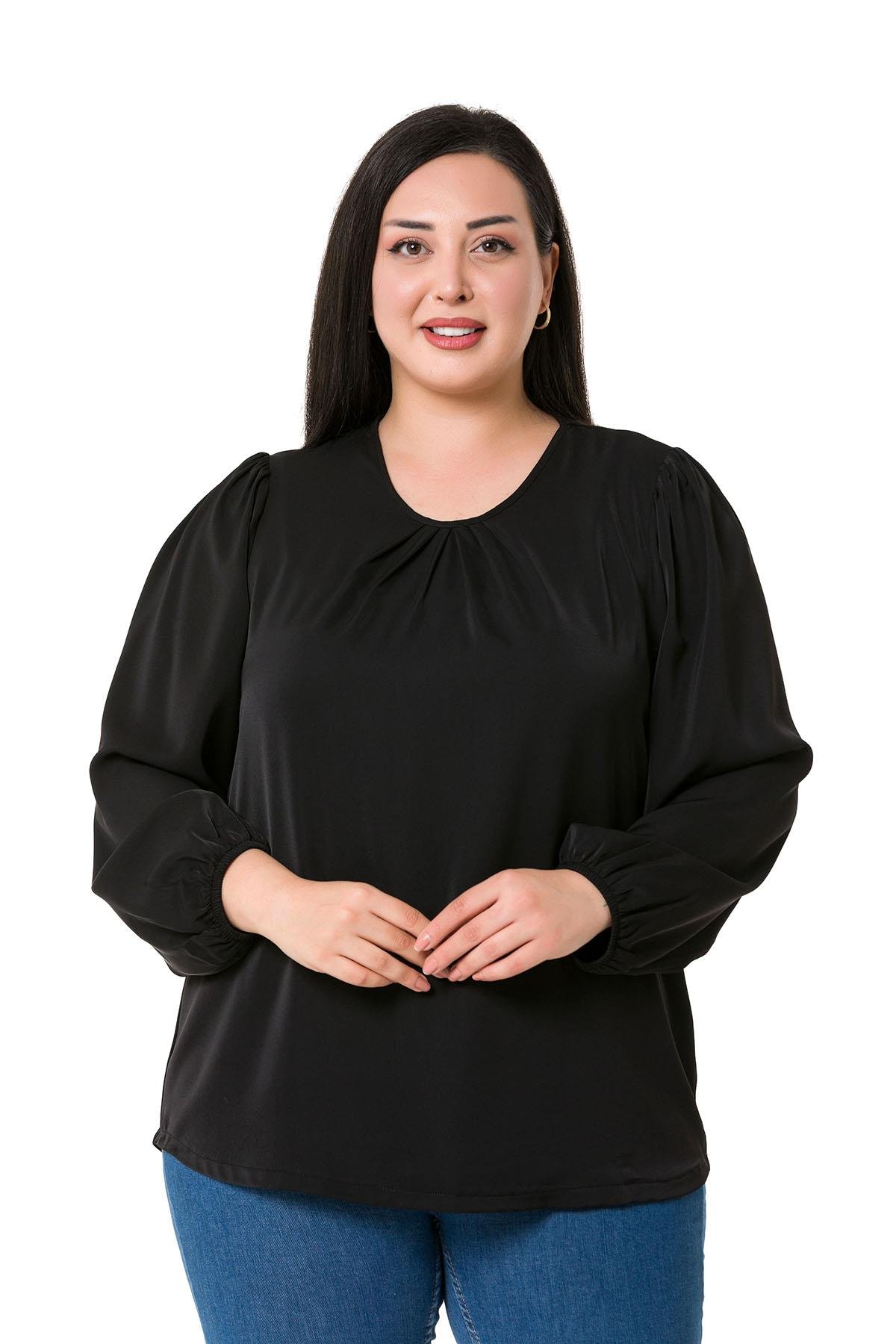 Plus Size Elastic Cuff Pleated Collar Black Blouse