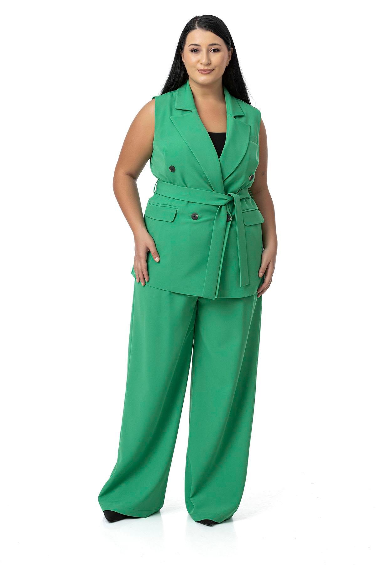 Plus Size Double Breasted Vest Trousers Green Double Suit