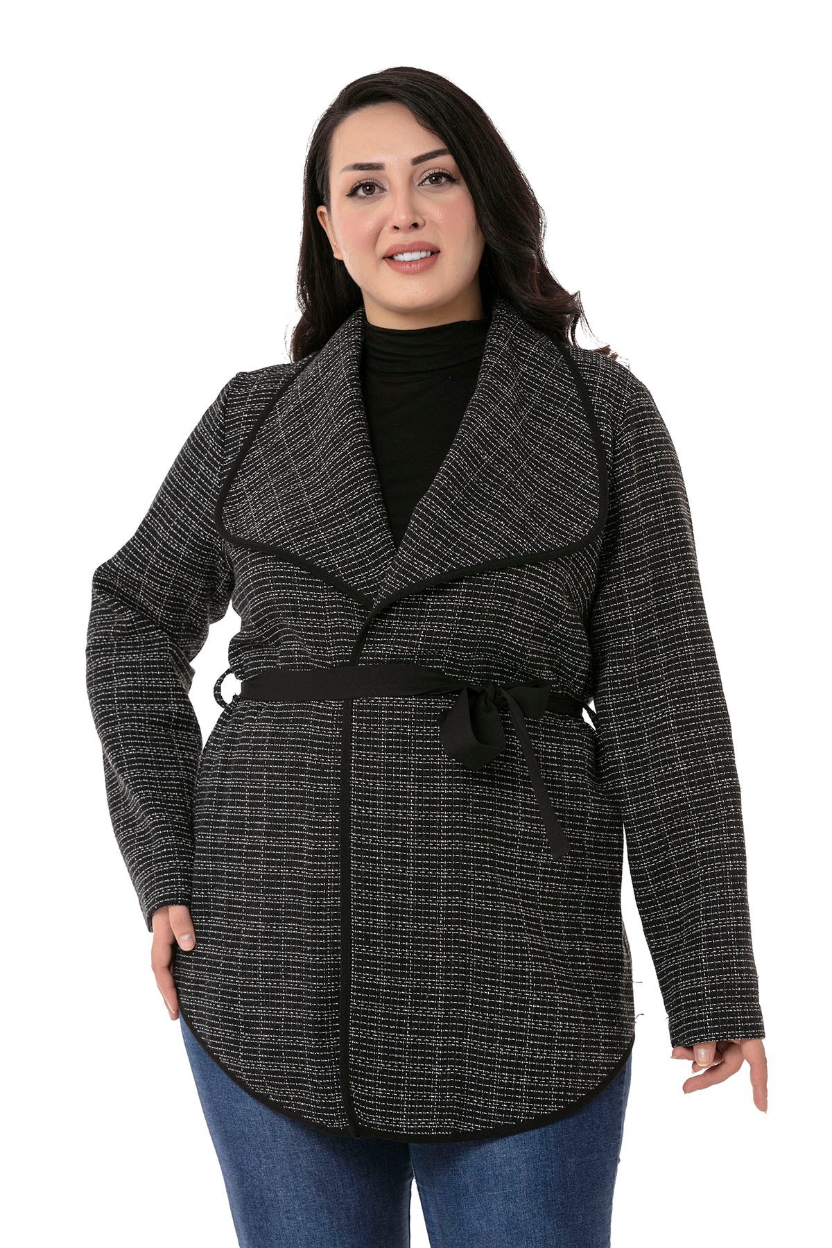 Plus Size Shawl Collar Piping Detailed Belted Unlined Black Jacket