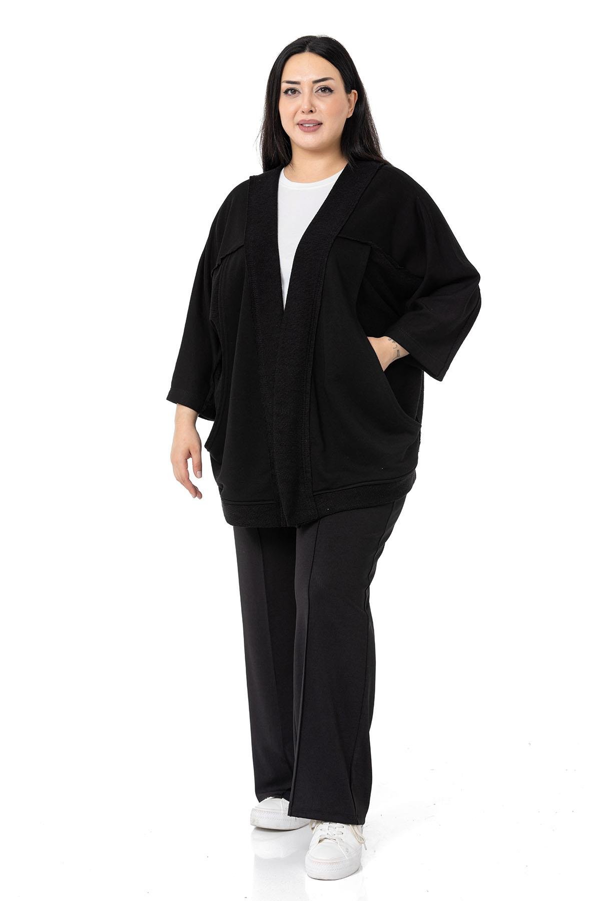 Plus Size Three Quarter Sleeve Oversize Pocket Three Thread Black Cardigan