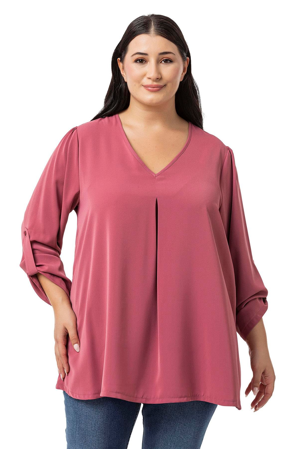 Plus Size V Neck Front Pleated Folded Sleeve Rose Blouse