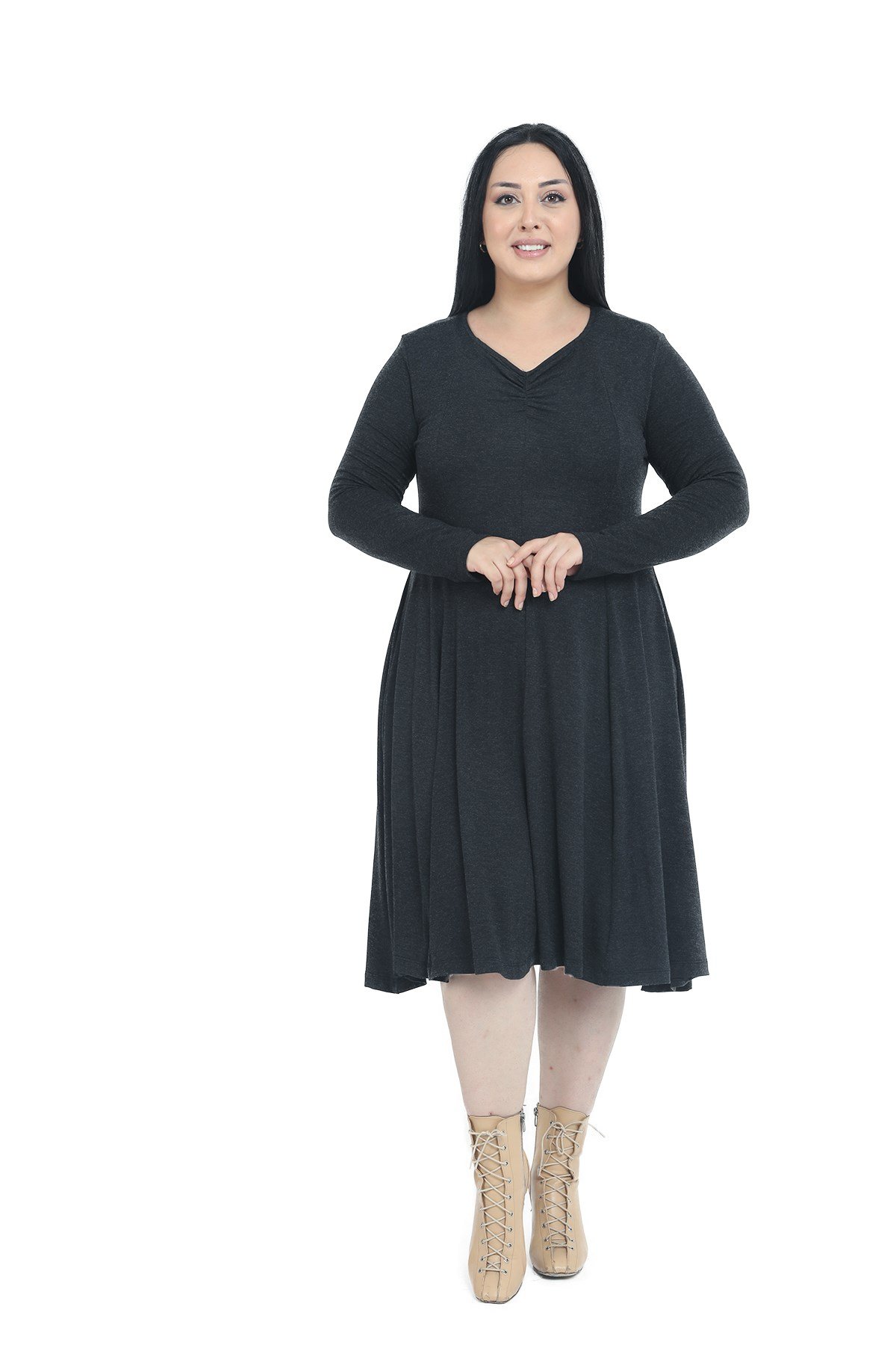 Plus Size V-Neck Wool Viscose Midi Black Flared Dress