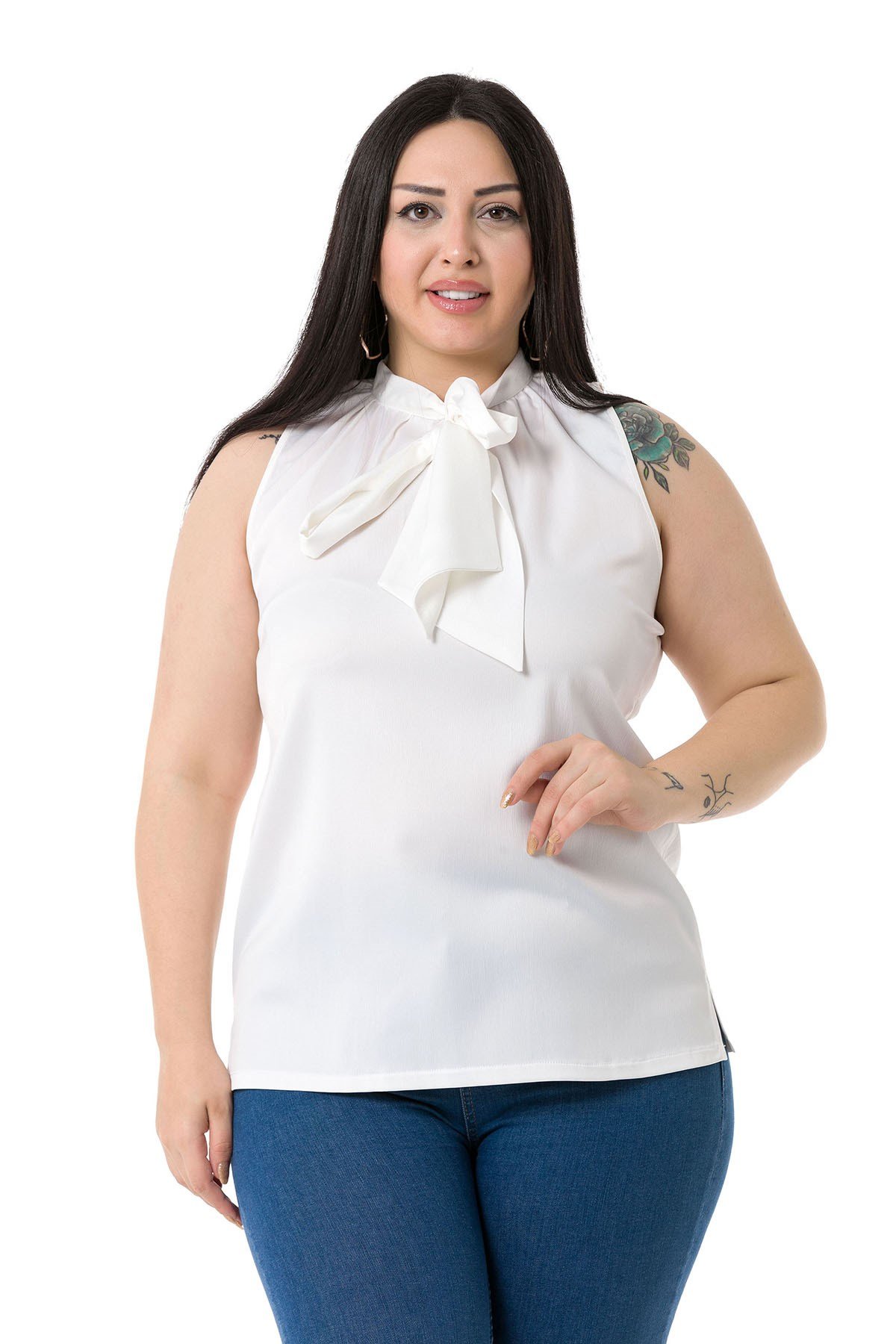 Plus Size Satin White Blouse with Scarf Collar and Side Slits