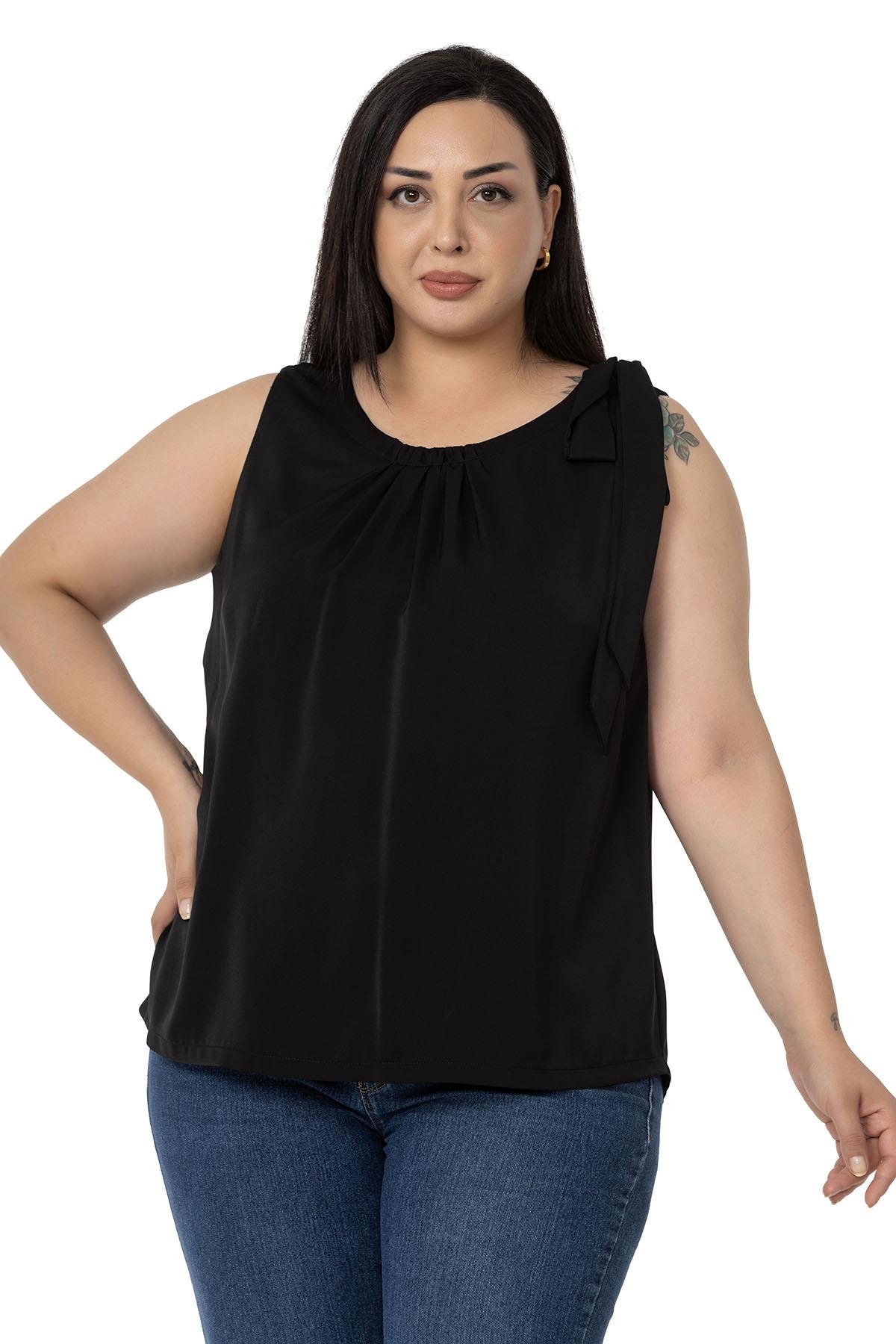 Plus Size Pleated Collar Shoulder Ribbon Detail Lined Sleeveless Black Blouse