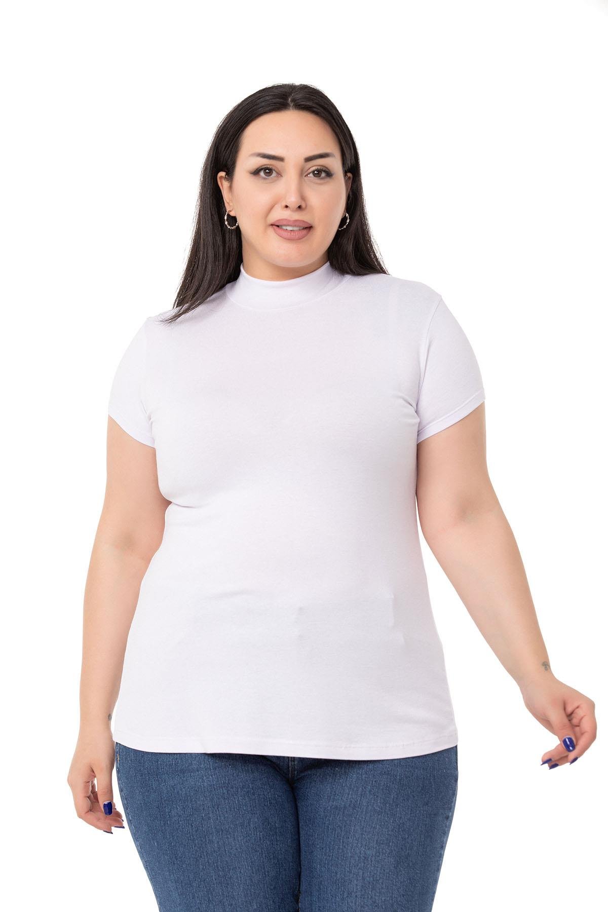 Büyük Beden Yarım Balıkçı Kısa Kollu Viskon Beyaz Body