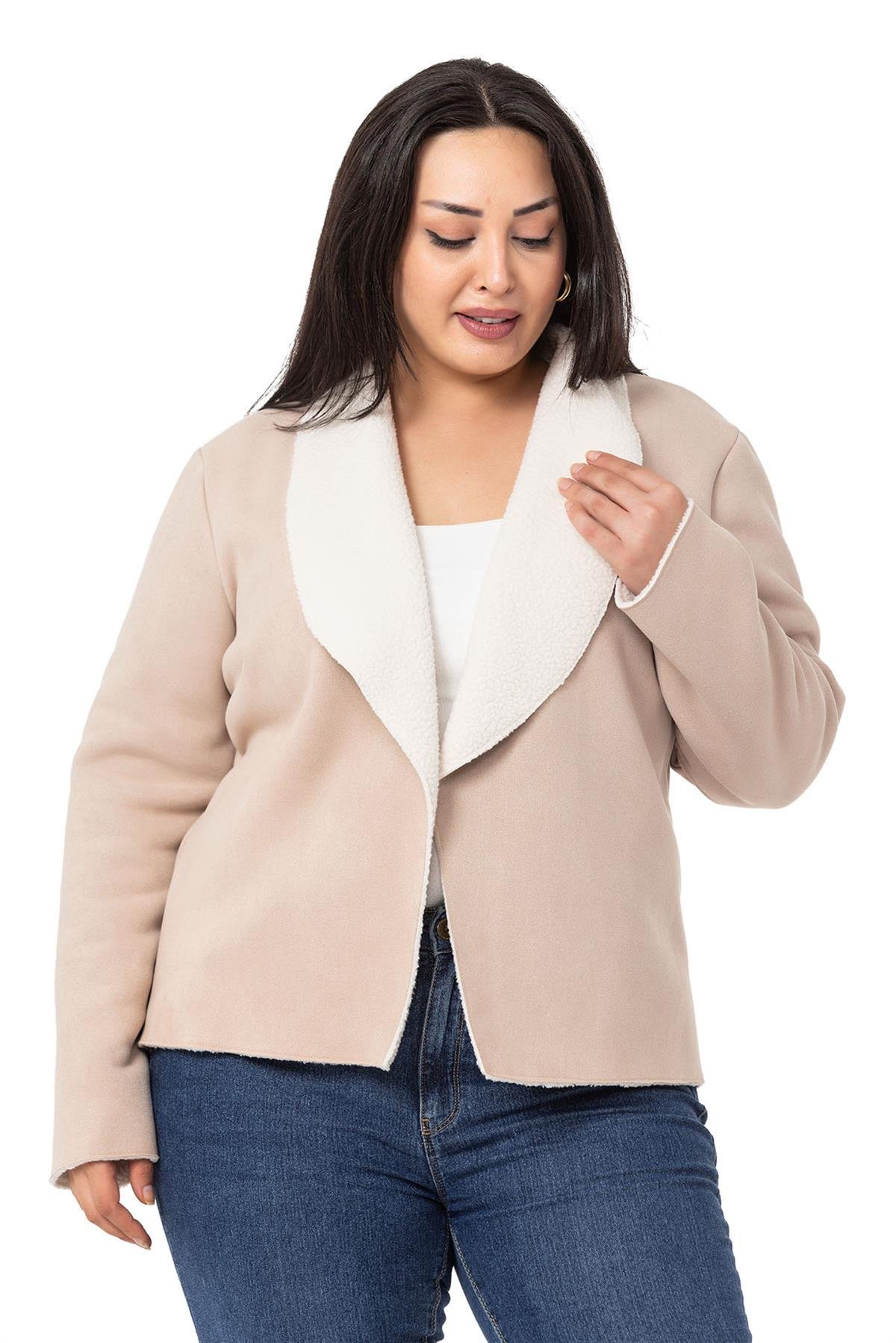 Plus Size Shawl Collar Inside Fur Short Suede Beige Jacket