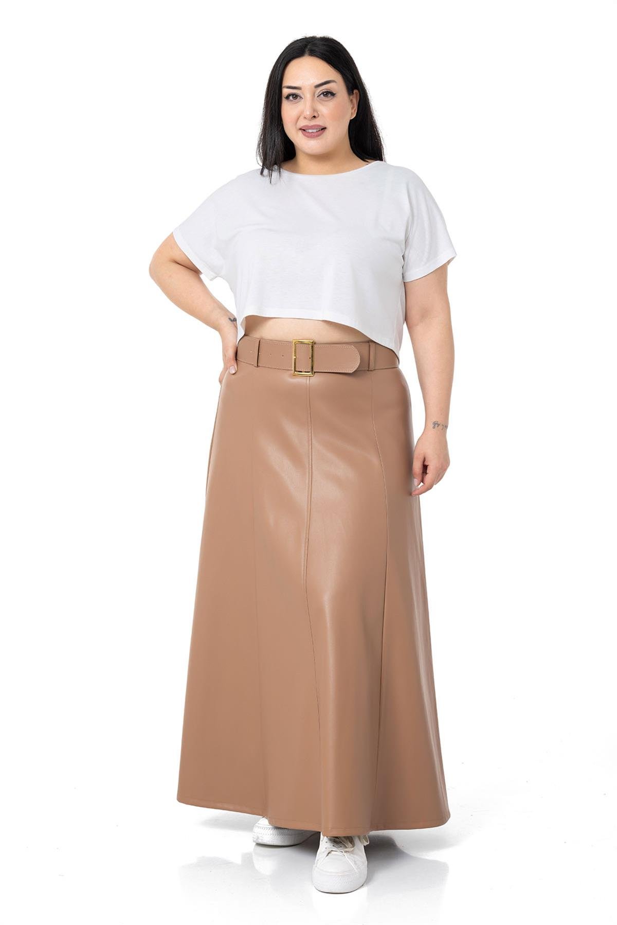Plus Size Belted Long Mink Leather Skirt