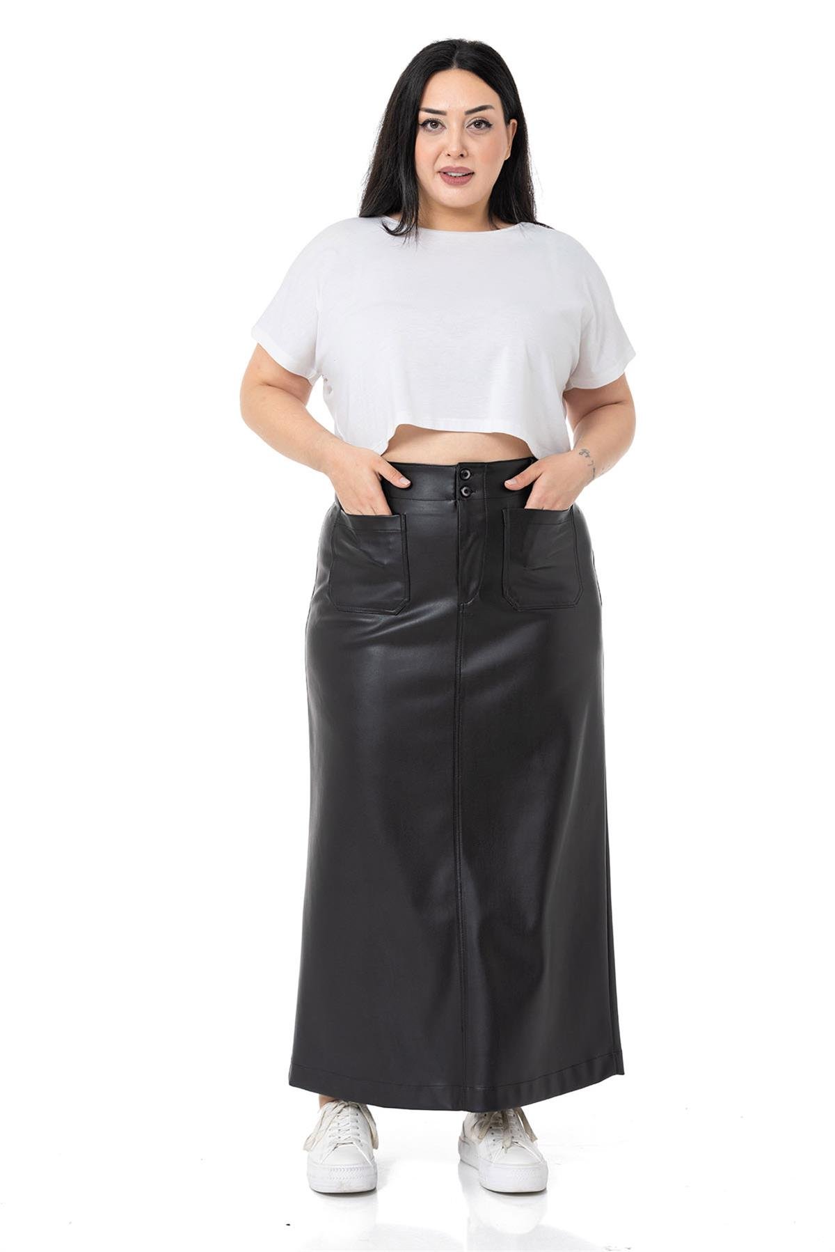 Plus Size Slit Detailed Long Black Leather Skirt with Pockets
