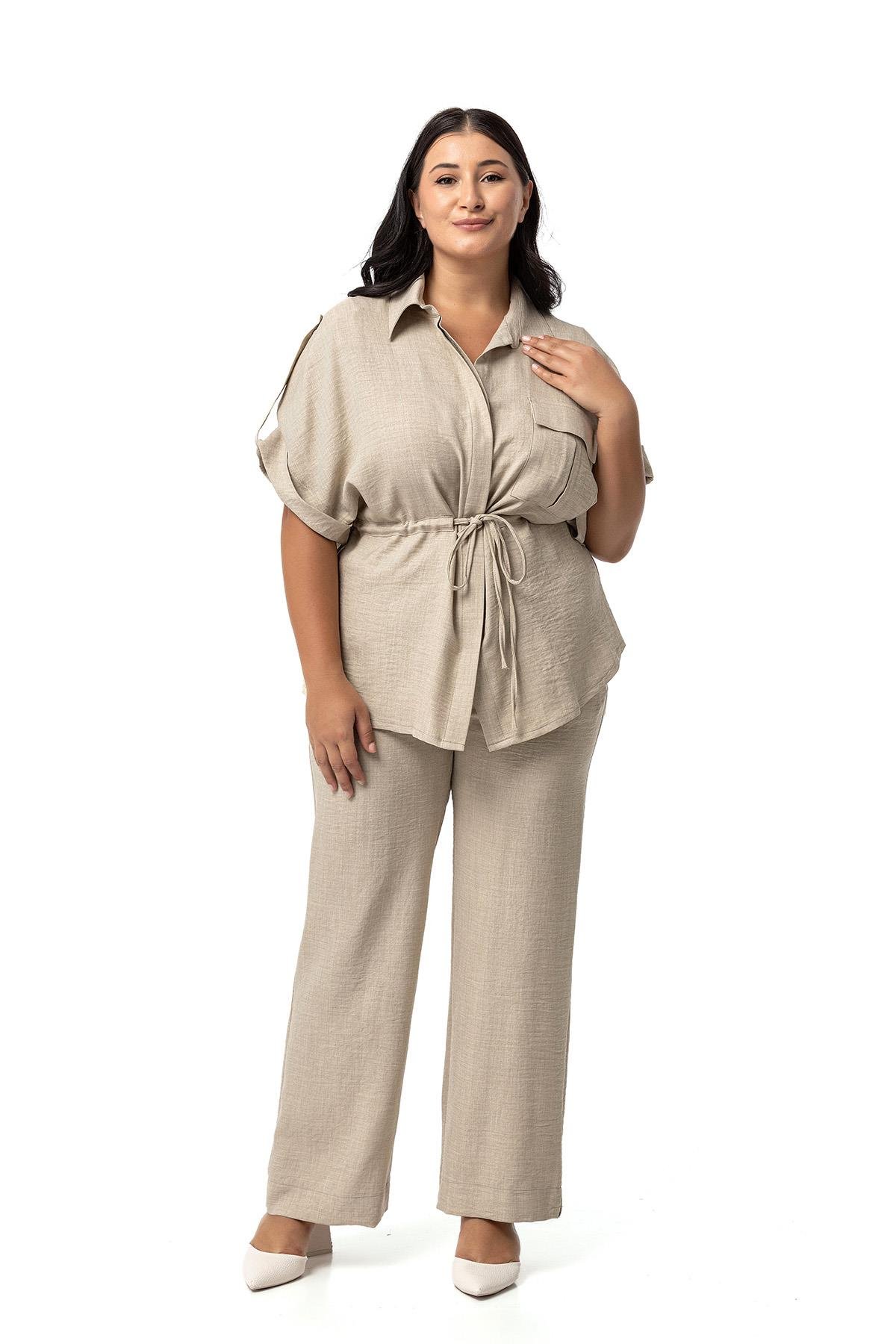 Plus Size Half Sleeve Shirt and Trousers Beige Double Suit