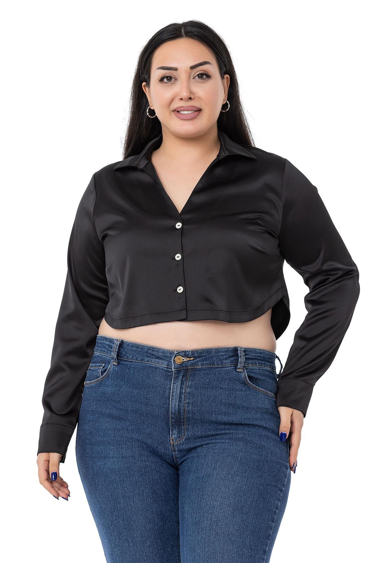 Büyük Beden Saten Manşetli Siyah Crop Gömlek