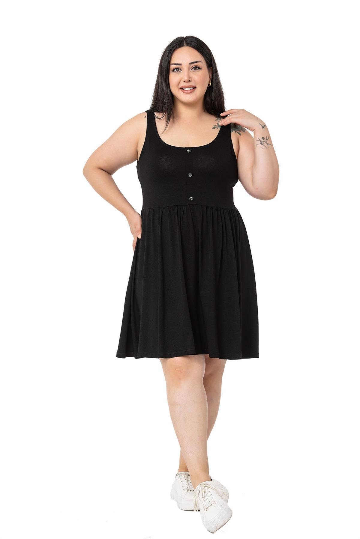 Plus Size Ornamental Button Detailed Viscose Short Black Dress