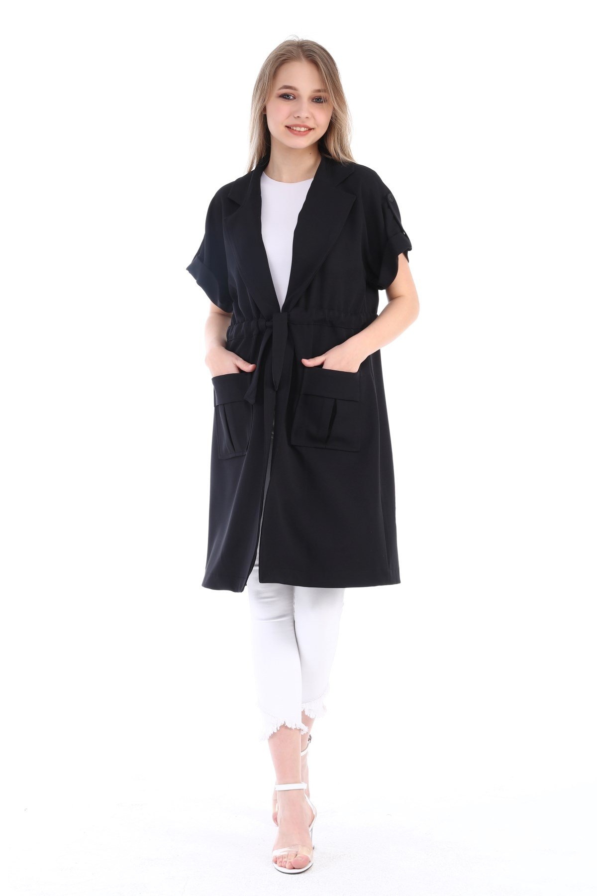 Mono Collar Waist Tunnel Pocket Epaulette Short Sleeve Unlined Black Vest