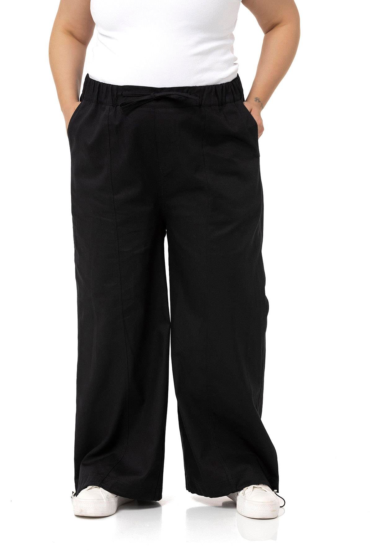 Plus Size Wide Leg Tie Detailed Gabardine Black Trousers