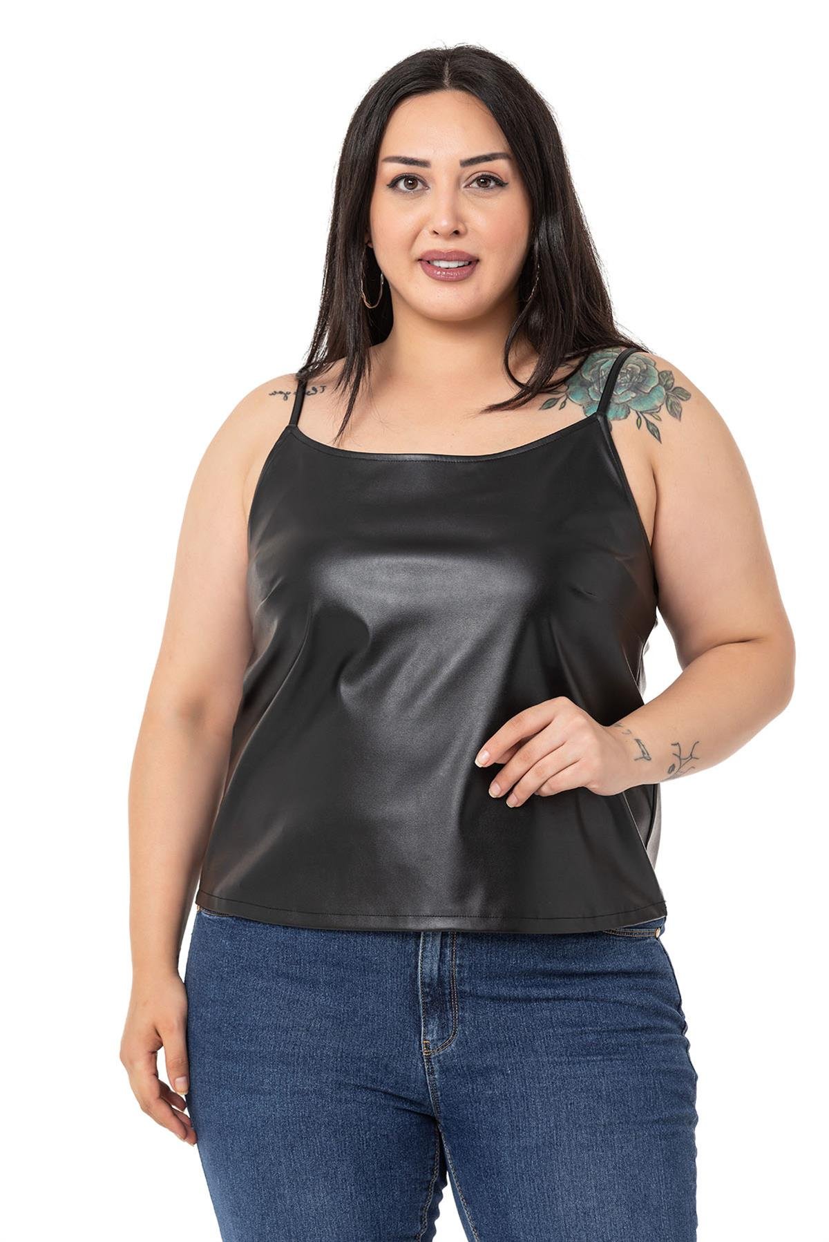 Plus Size Adjustable Thin Strap Elastic Back Leather Black Blouse