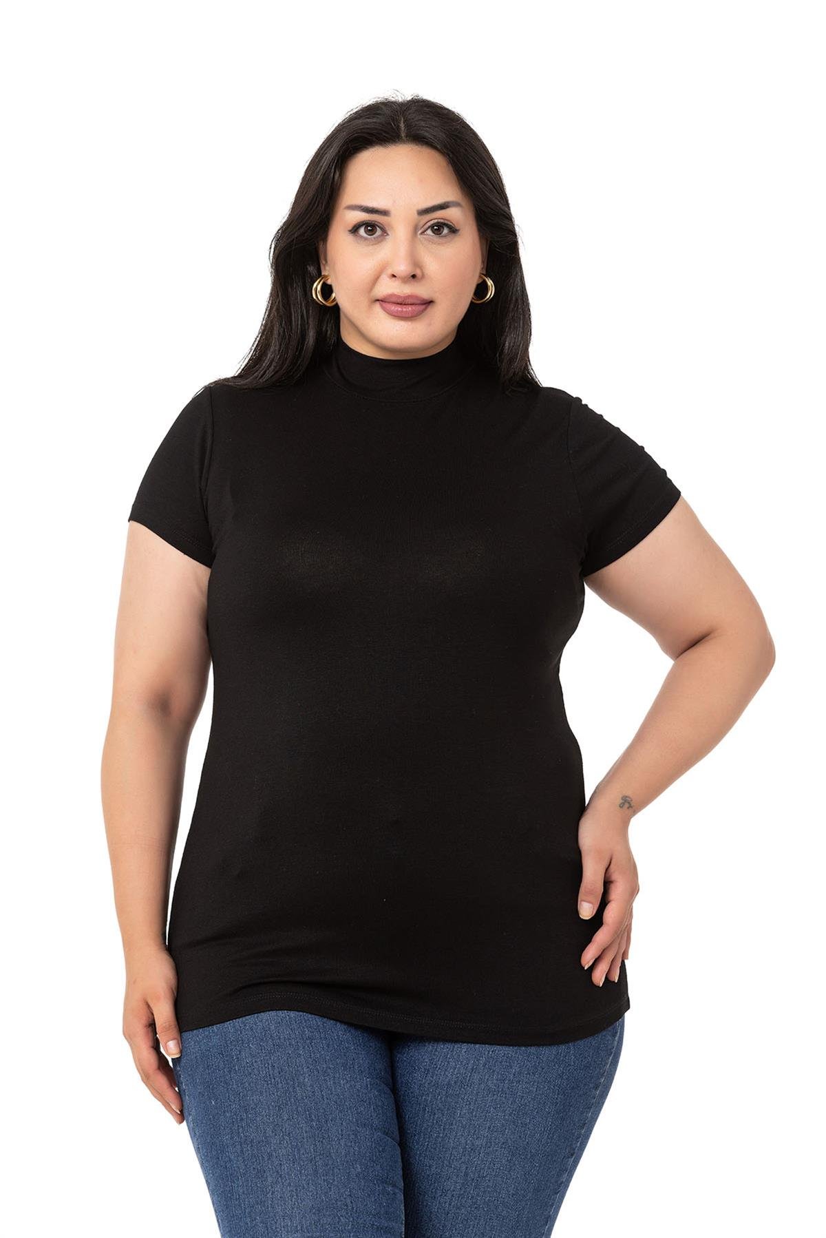 Büyük Beden Yarım Balıkçı Kısa Kollu Viskon Siyah Body