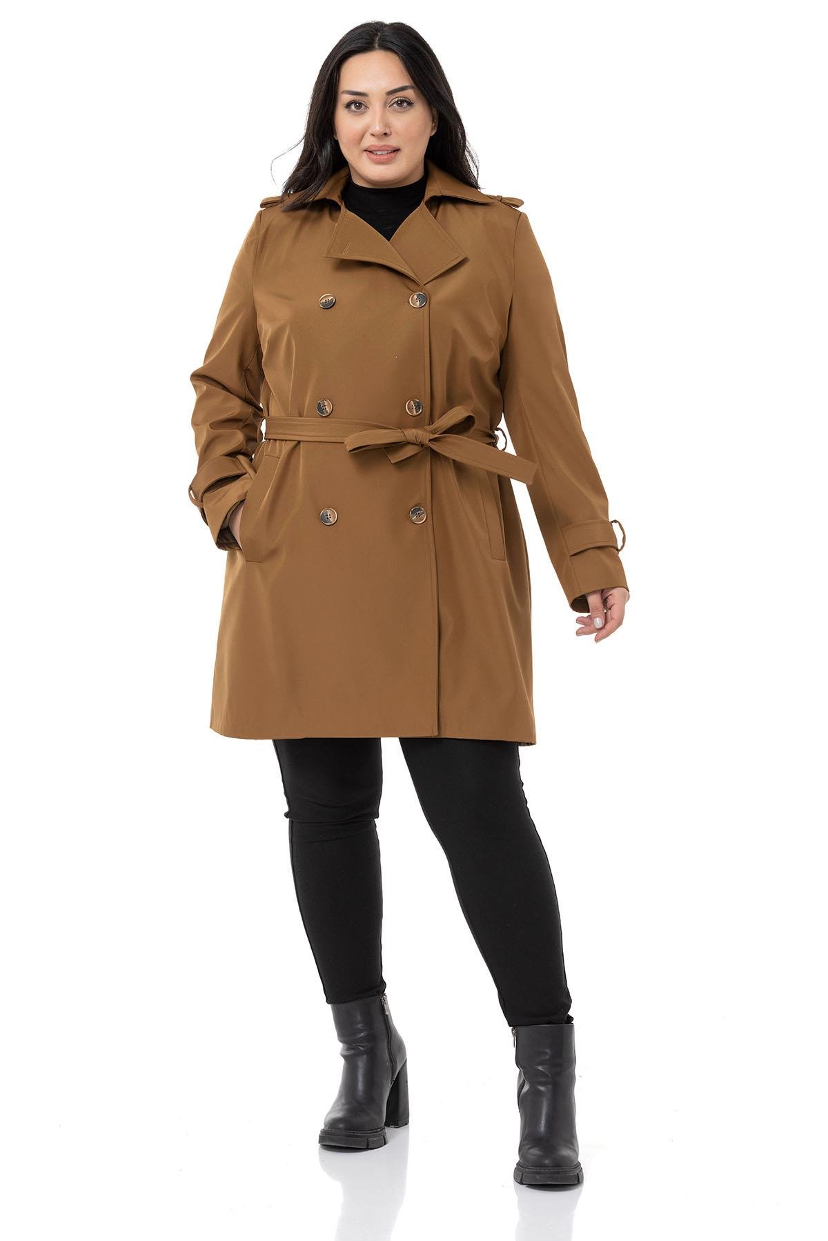 Plus Size Double Breasted Belted Lined Cinnamon Trench Coat