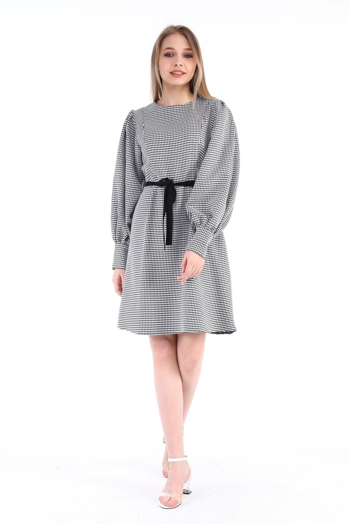 Round Neck Sleeves Pleated Wide Cuffs Zipper Houndstooth Patterned Black and White Dress