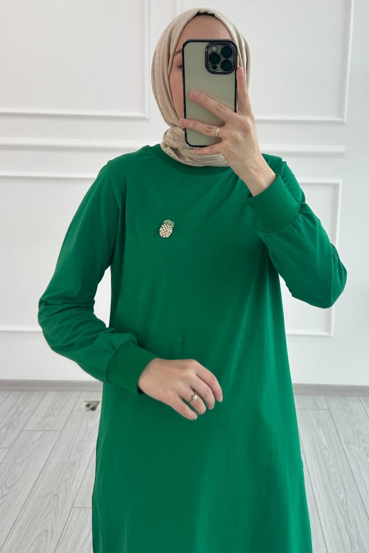 Bro Detayl Tunik Tesettur Sweat Ye il 1 BEDEN