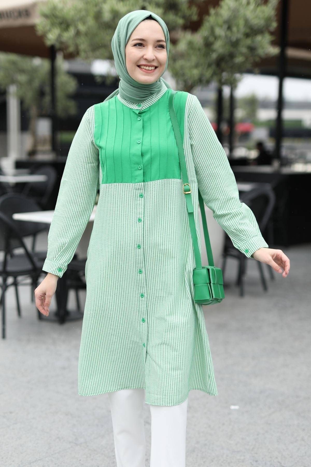Mina Çizgili Tunik Tesettür Uzun Gömlek Yeşil